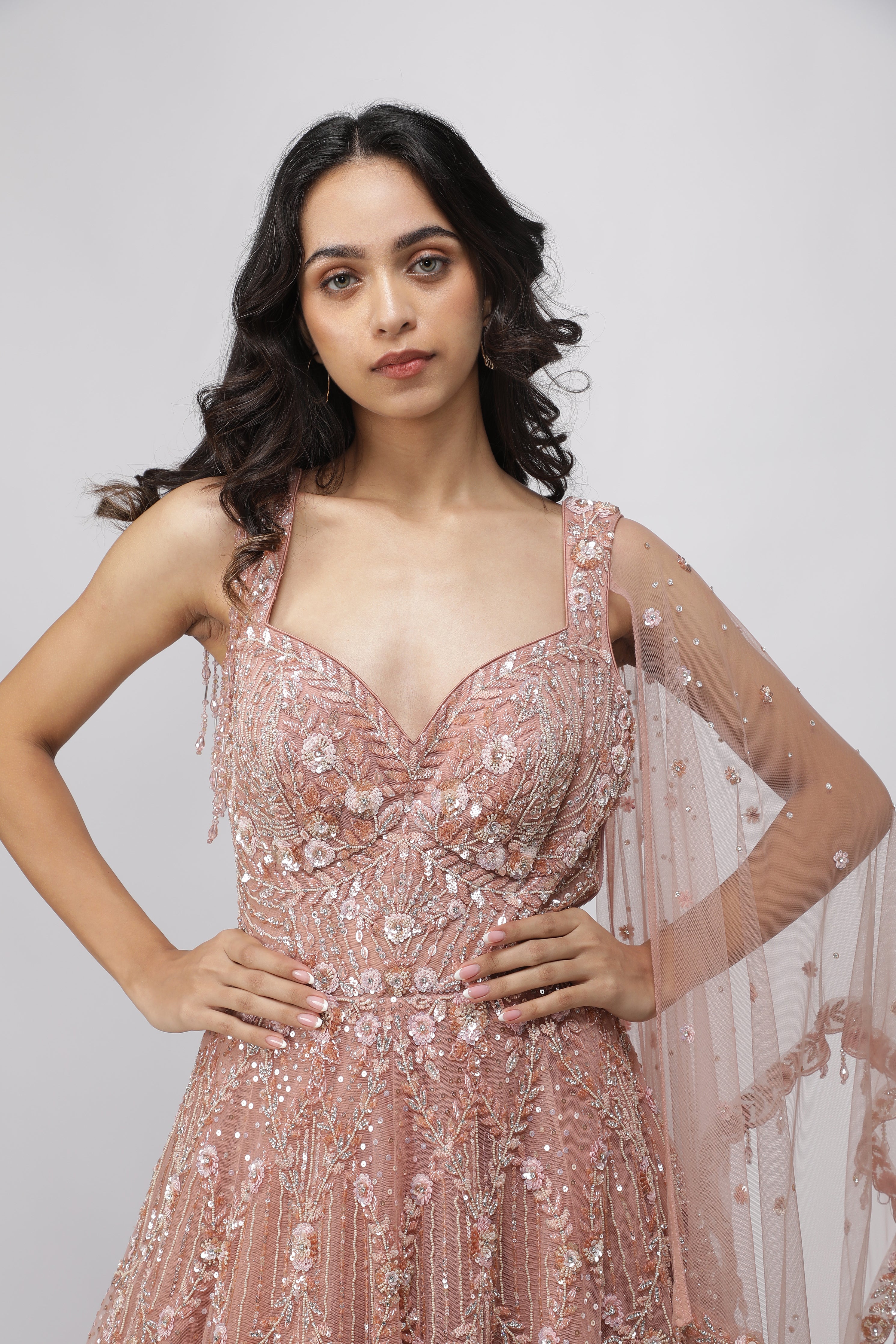 Peach Net Gown with Sequins, Cutdana & Pearl Embroidery