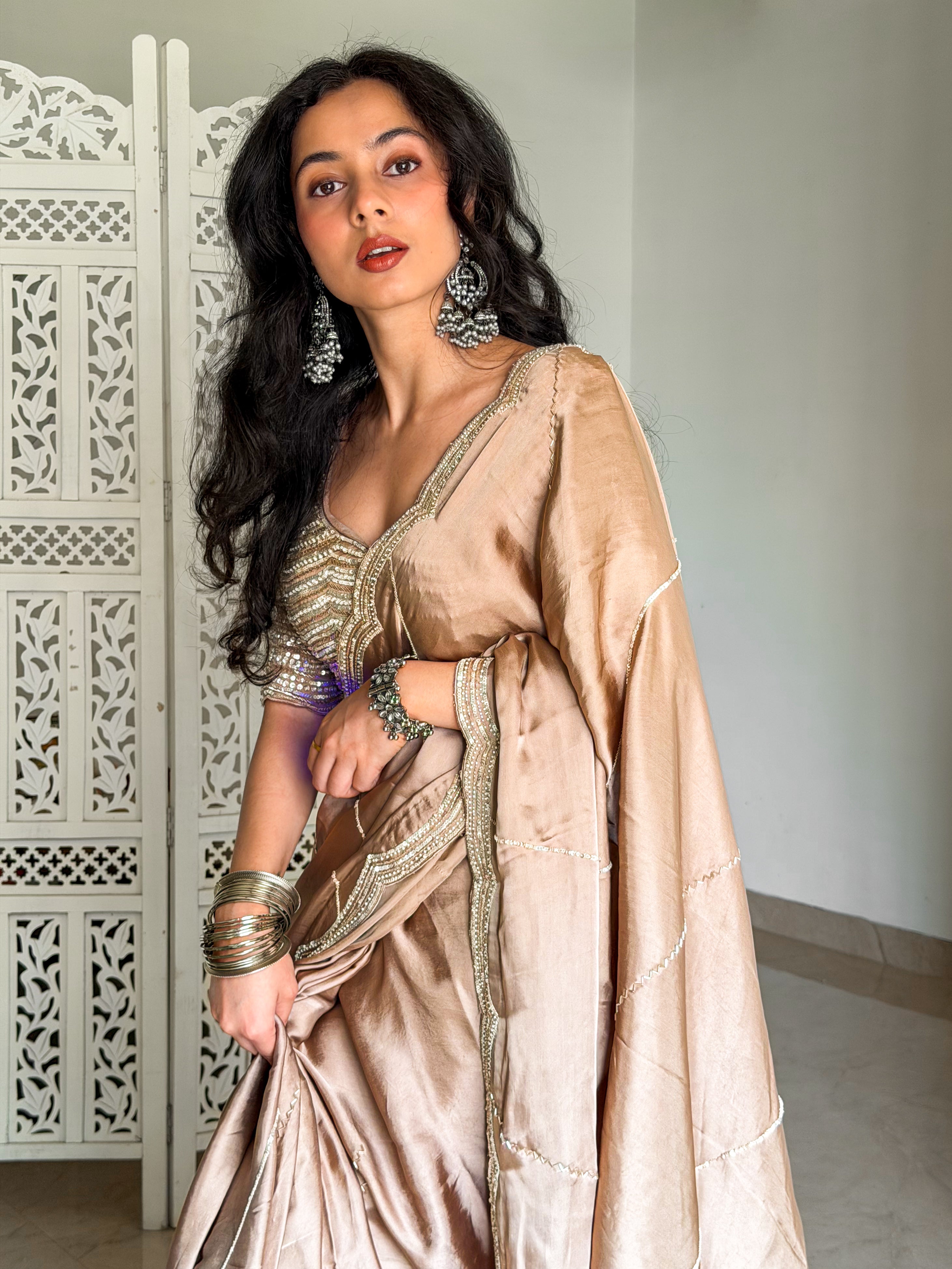 Beige Satin Saree with Hand Embellished Blouse - Mokshaa
