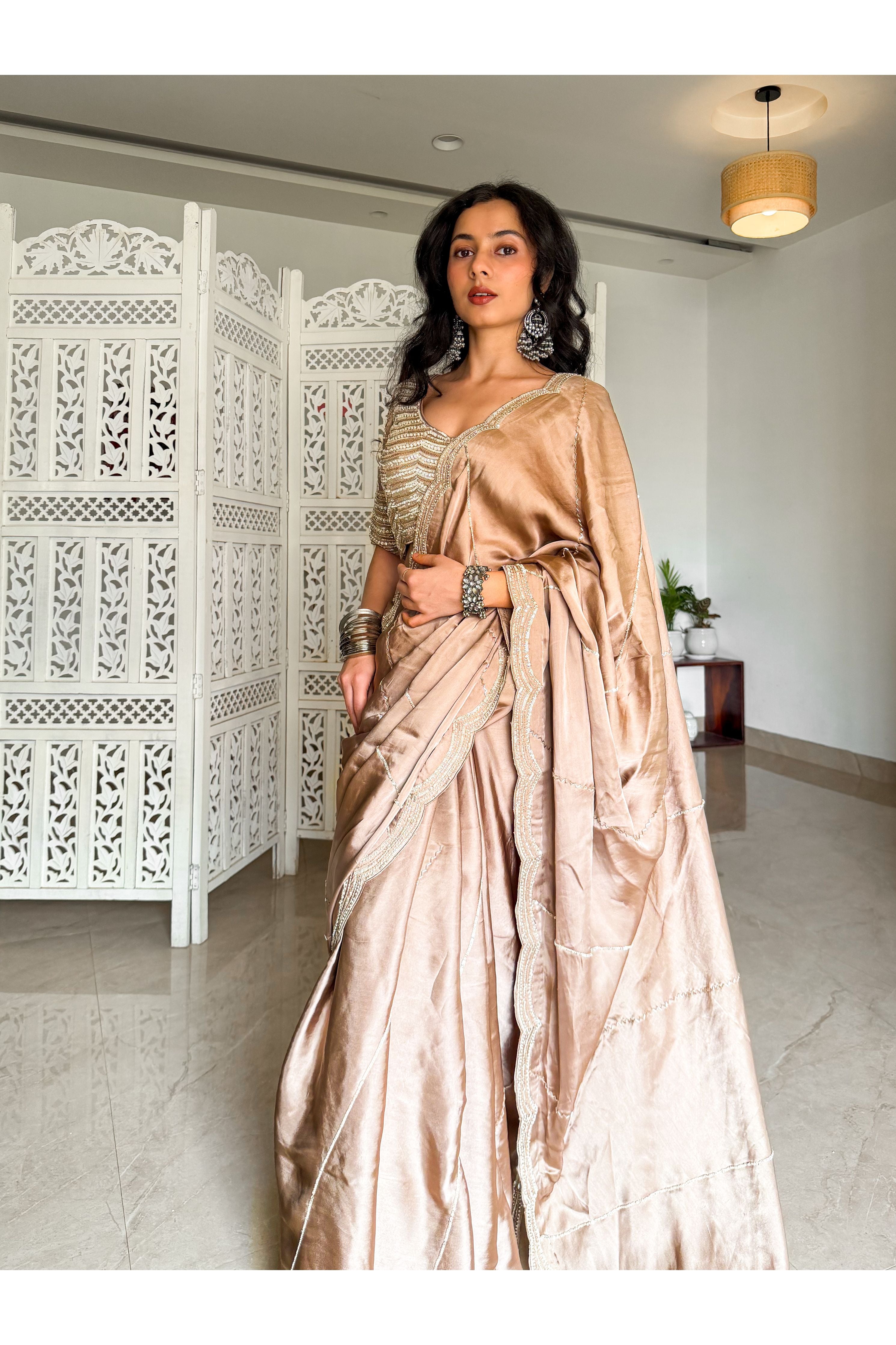 Beige Satin Saree with Hand Embellished Blouse - Mokshaa