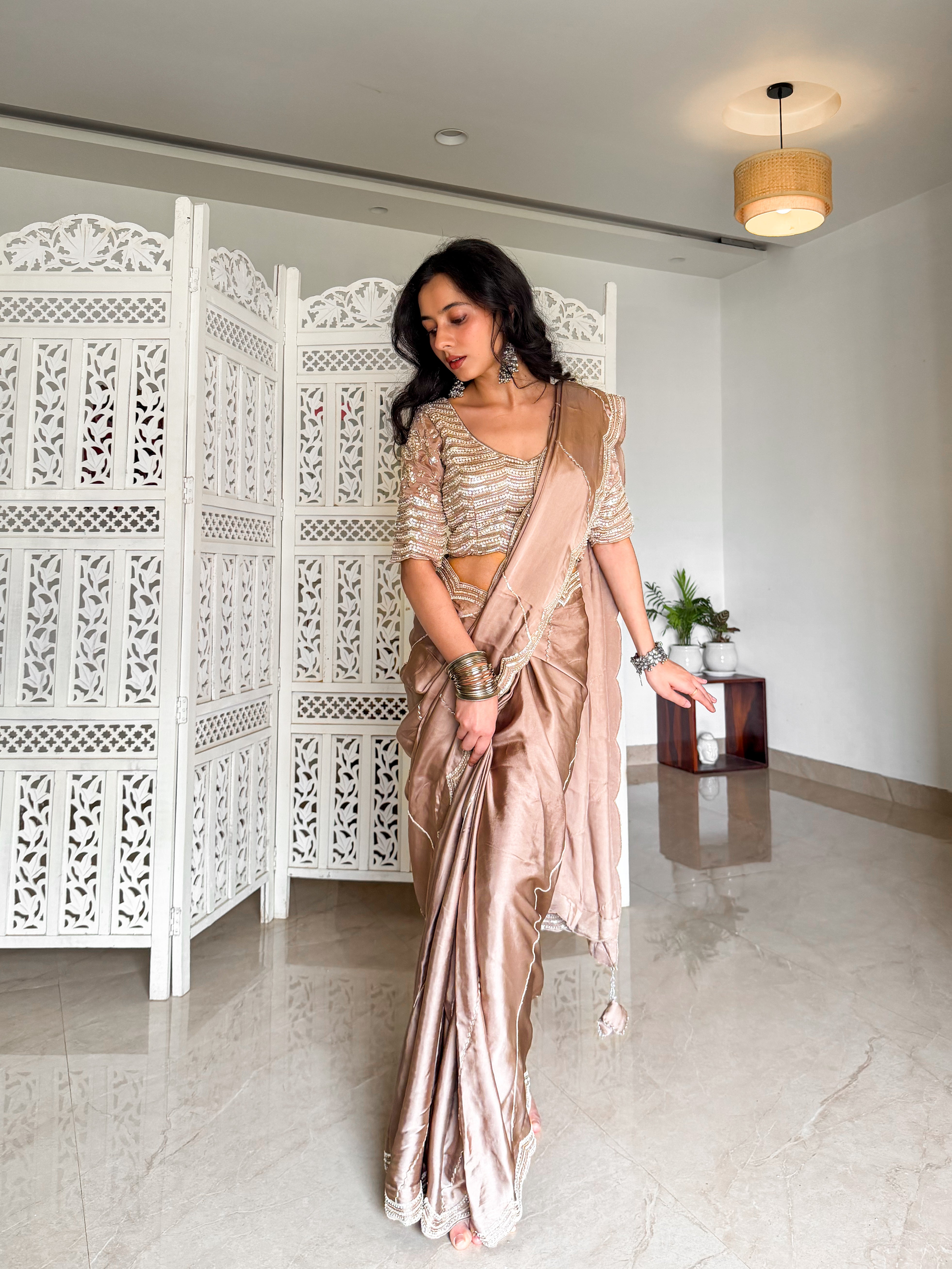 Beige Satin Saree with Hand Embellished Blouse - Mokshaa
