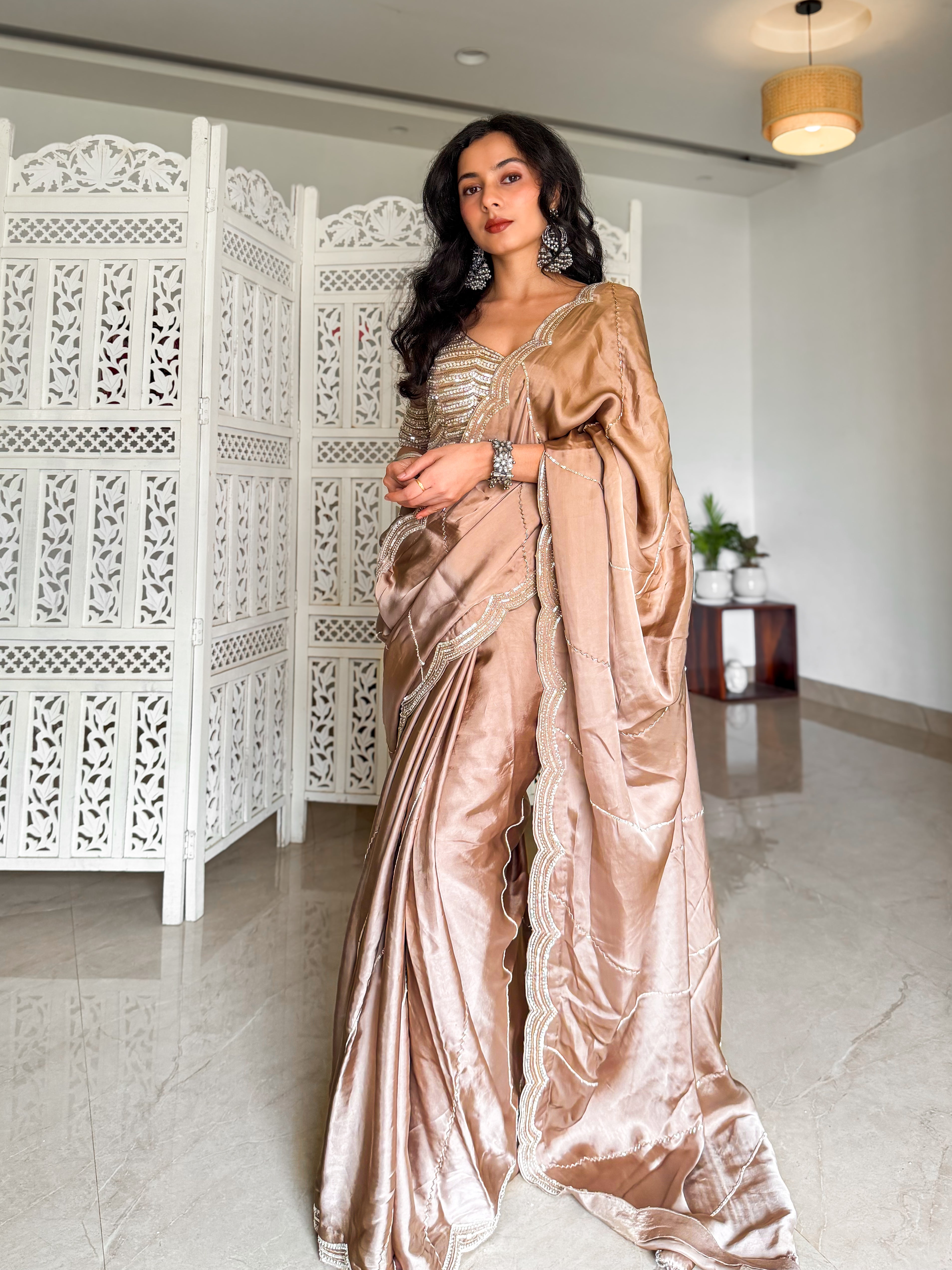 Beige Satin Saree with Hand Embellished Blouse - Mokshaa