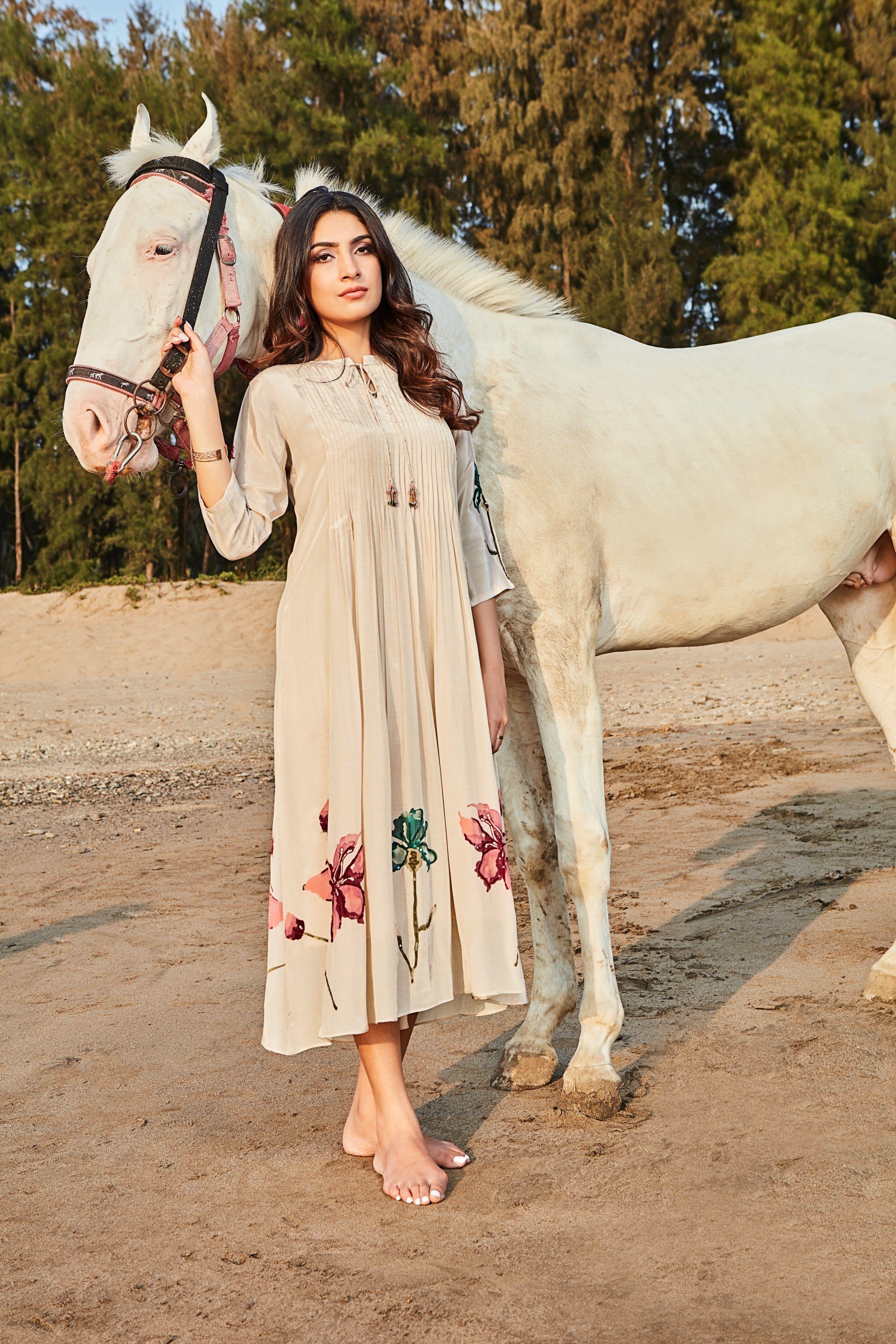 Beige Cotton Midi Dress with Watercolor Floral Hem Mokshaa