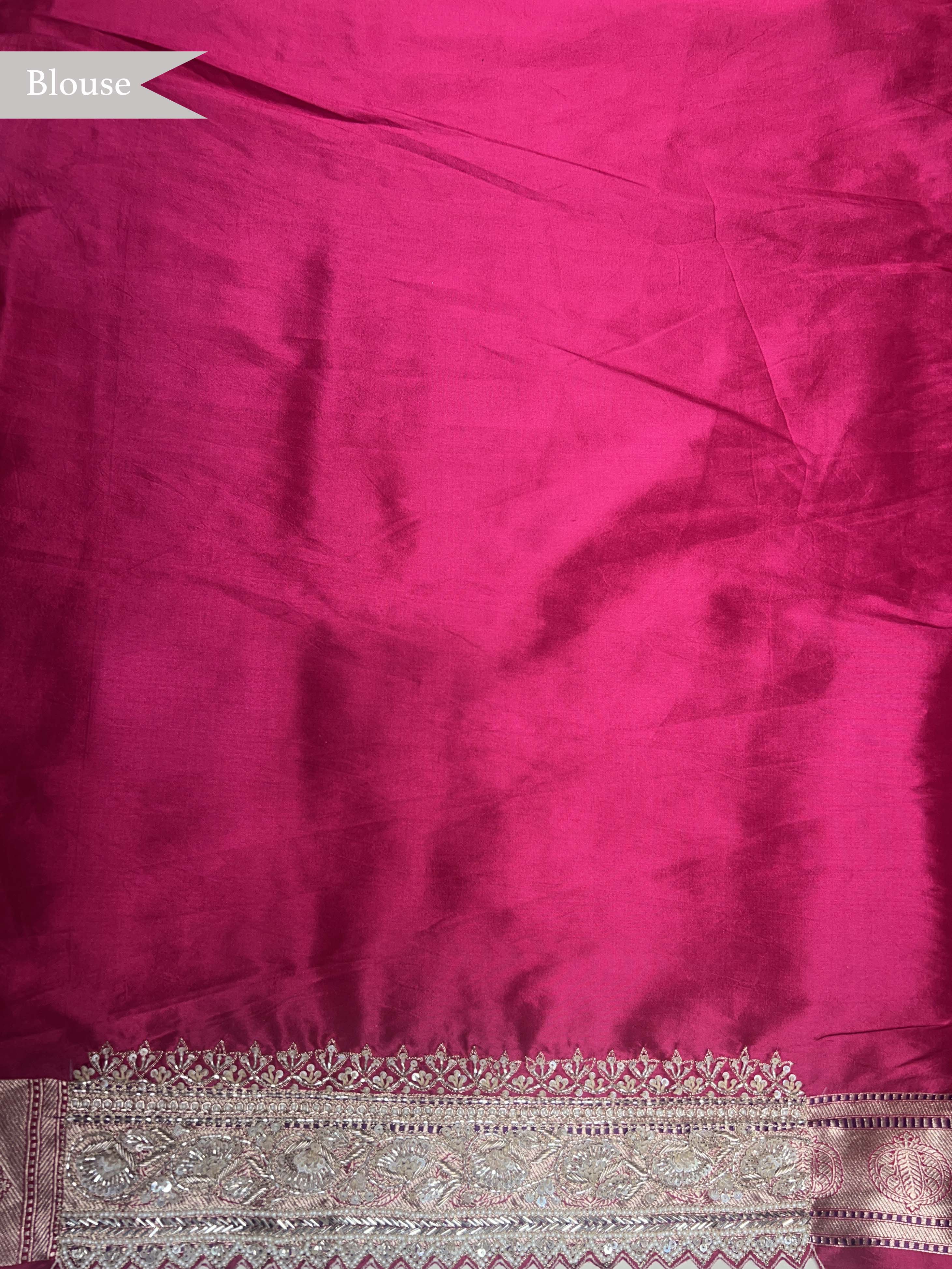 Pink Banarasi Silk Saree with Jaal Zari & Pearl Embellished Border - Mokshaa