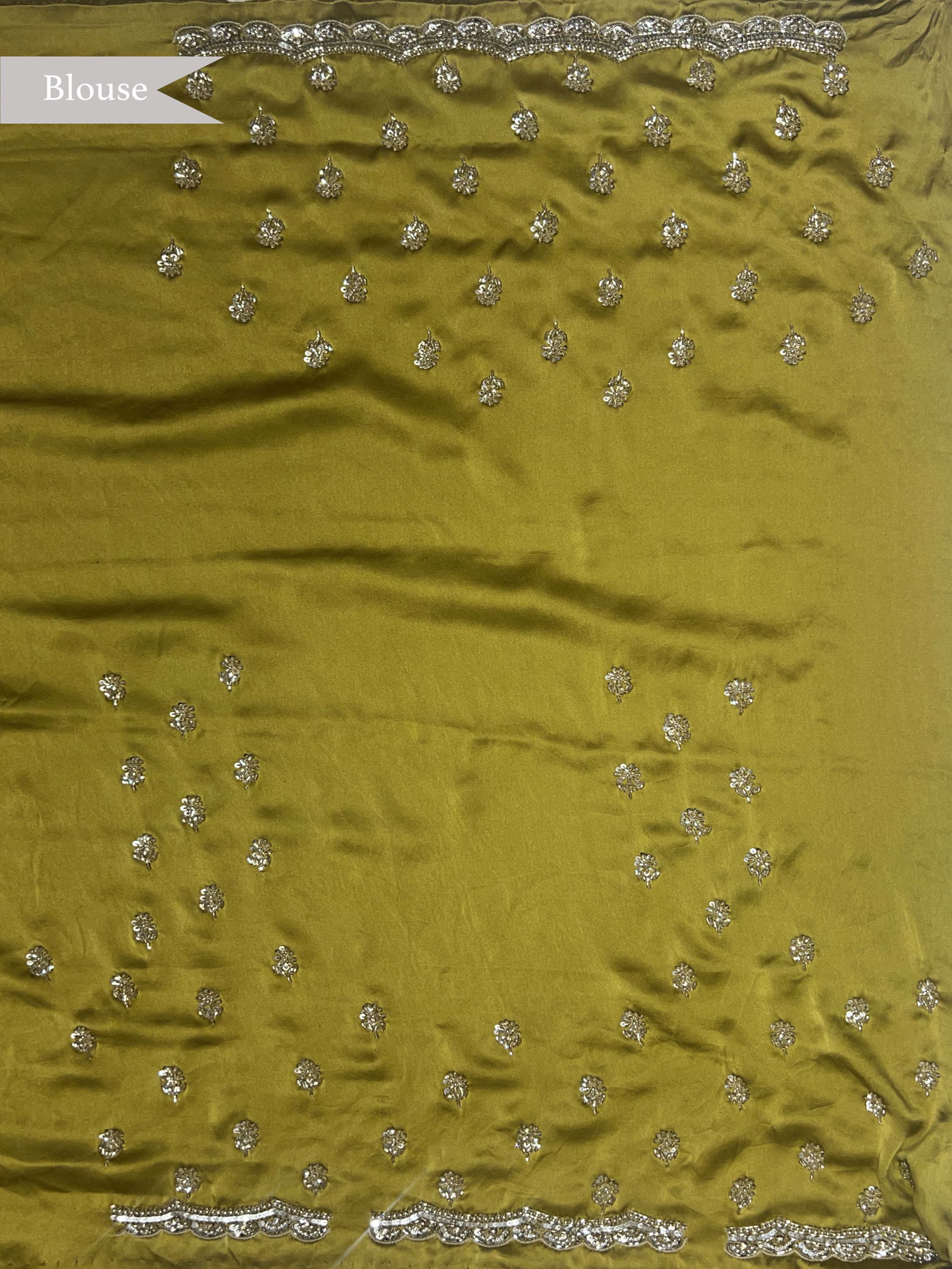 Greenish Yellow Satin Saree with Zardozi Border - Mokshaa