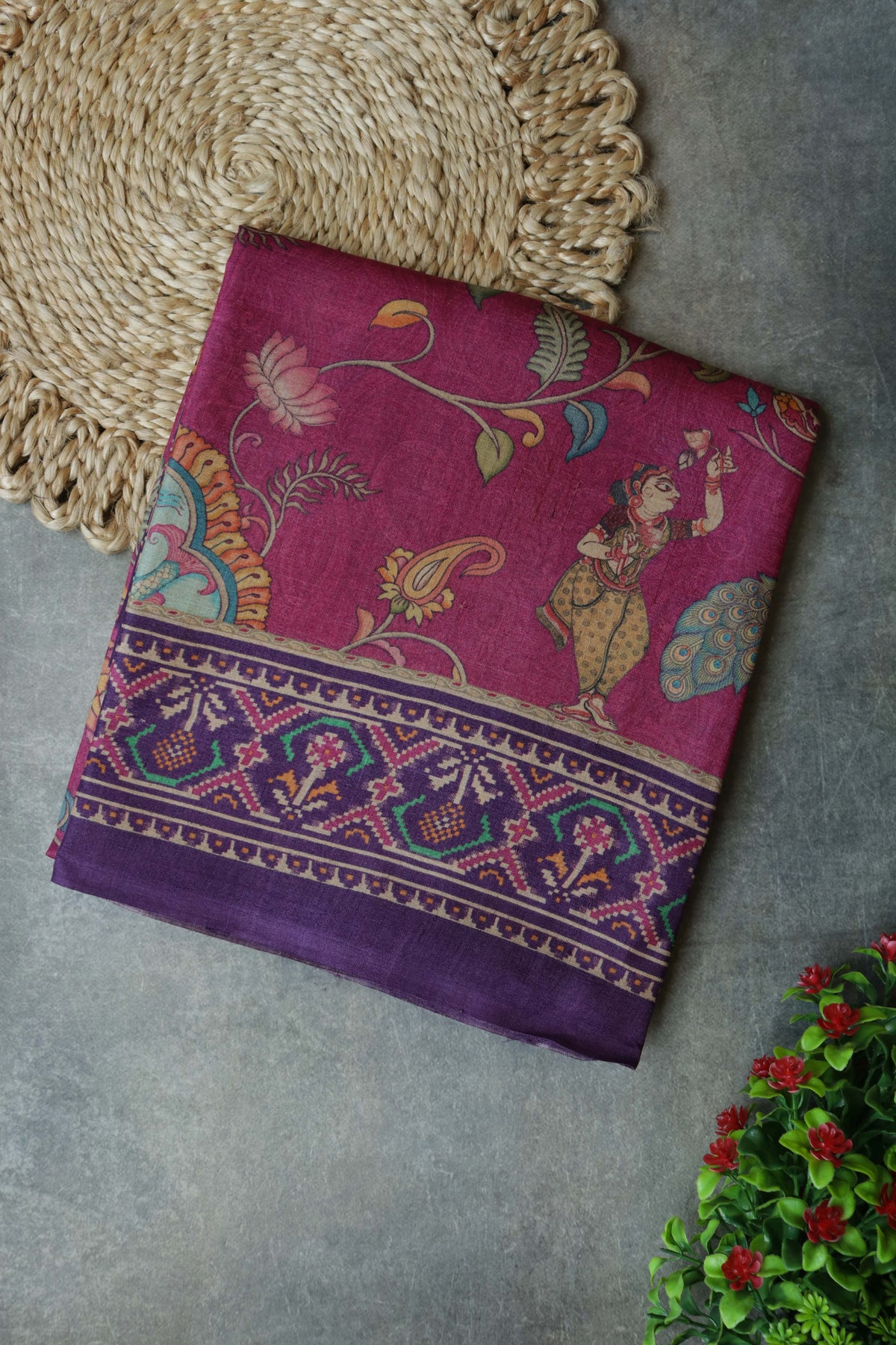 Magenta Kalamkari Tussar Saree