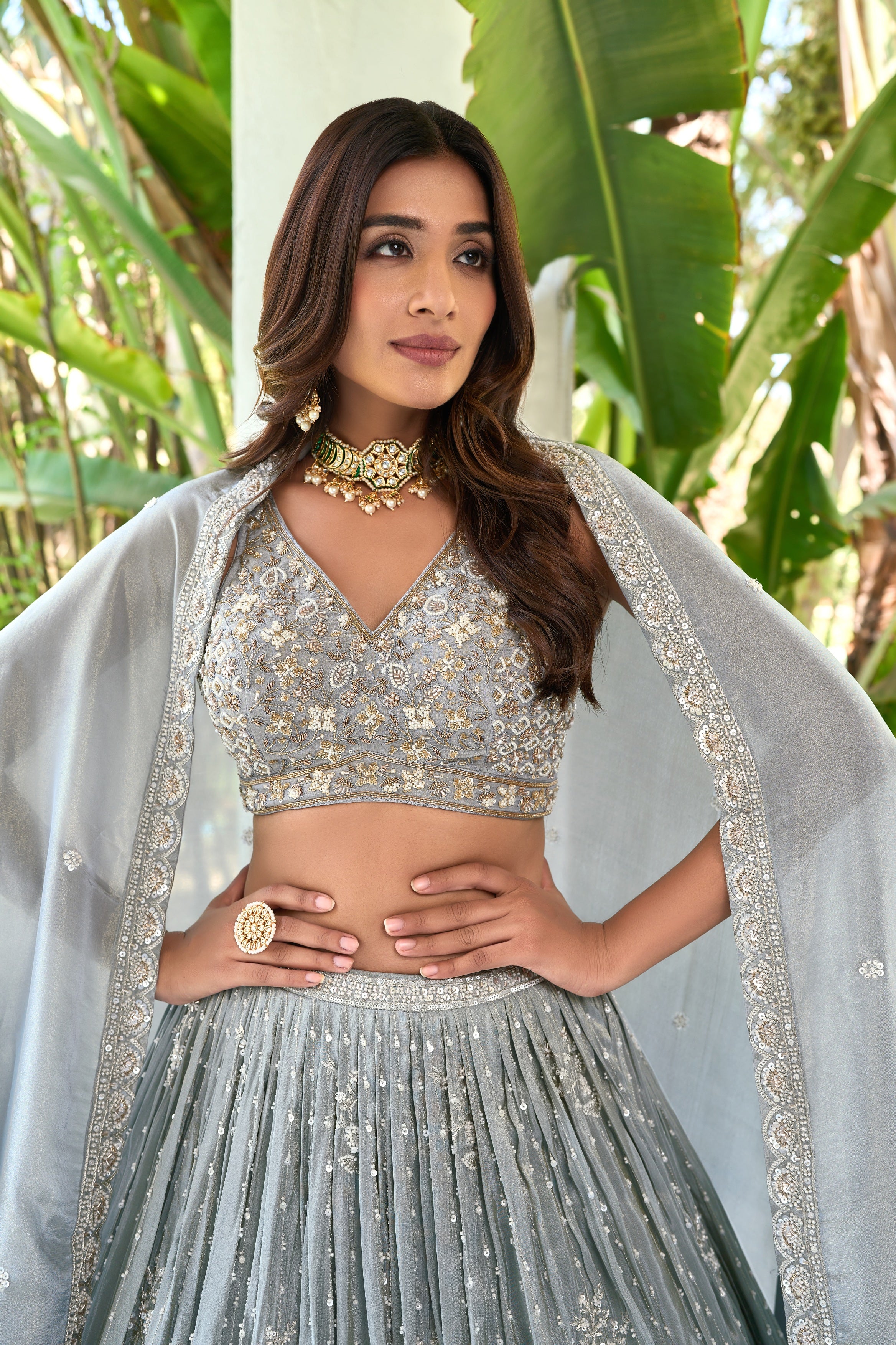 Mist Grey Tissue Lehenga with Intricate Zardosi & Sequin Embroidery