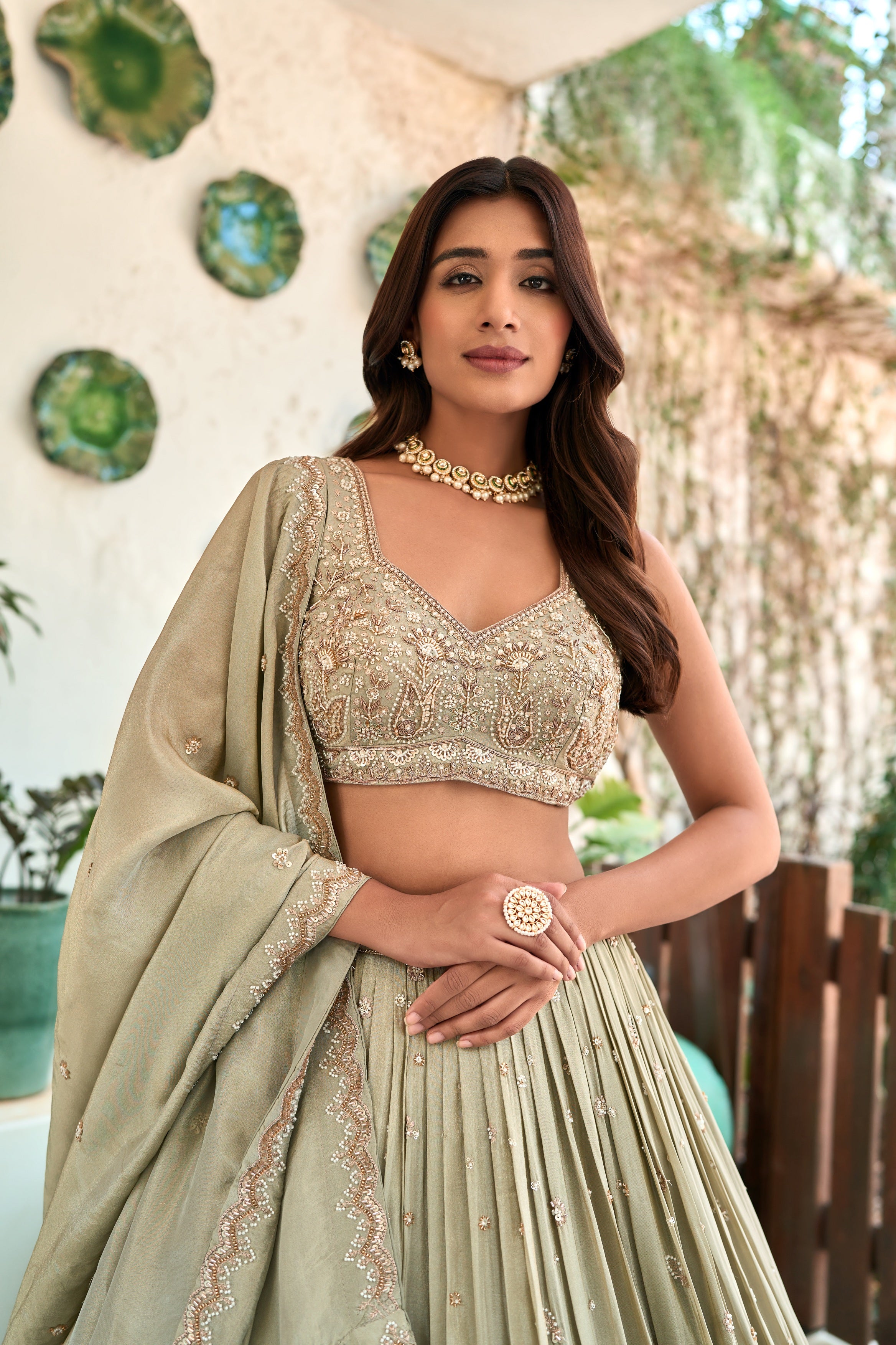 Sea Green Tissue Lehenga with Hand Embroidery & Sequin Detailing