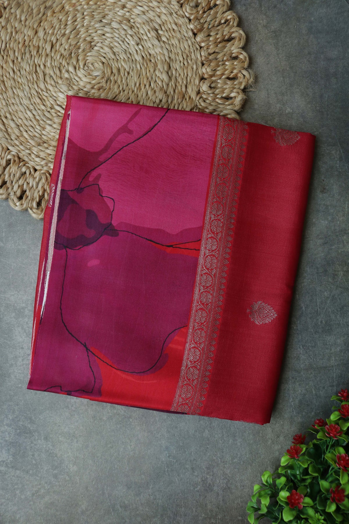 Red Floral Tussar Silk Saree