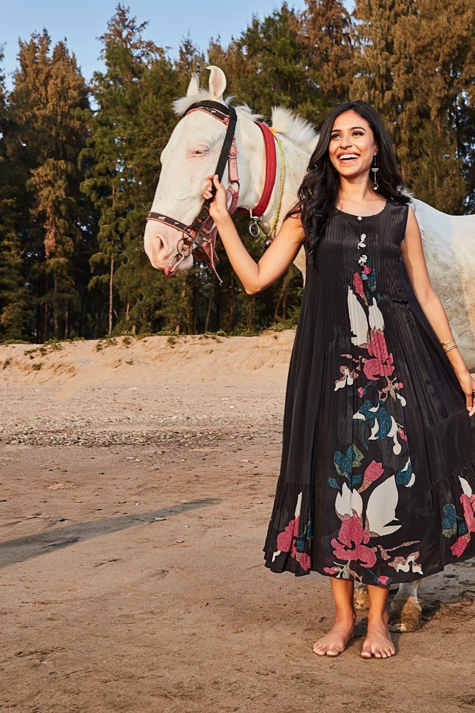 Black Pleated Dress with Bold Floral Print Mokshaa
