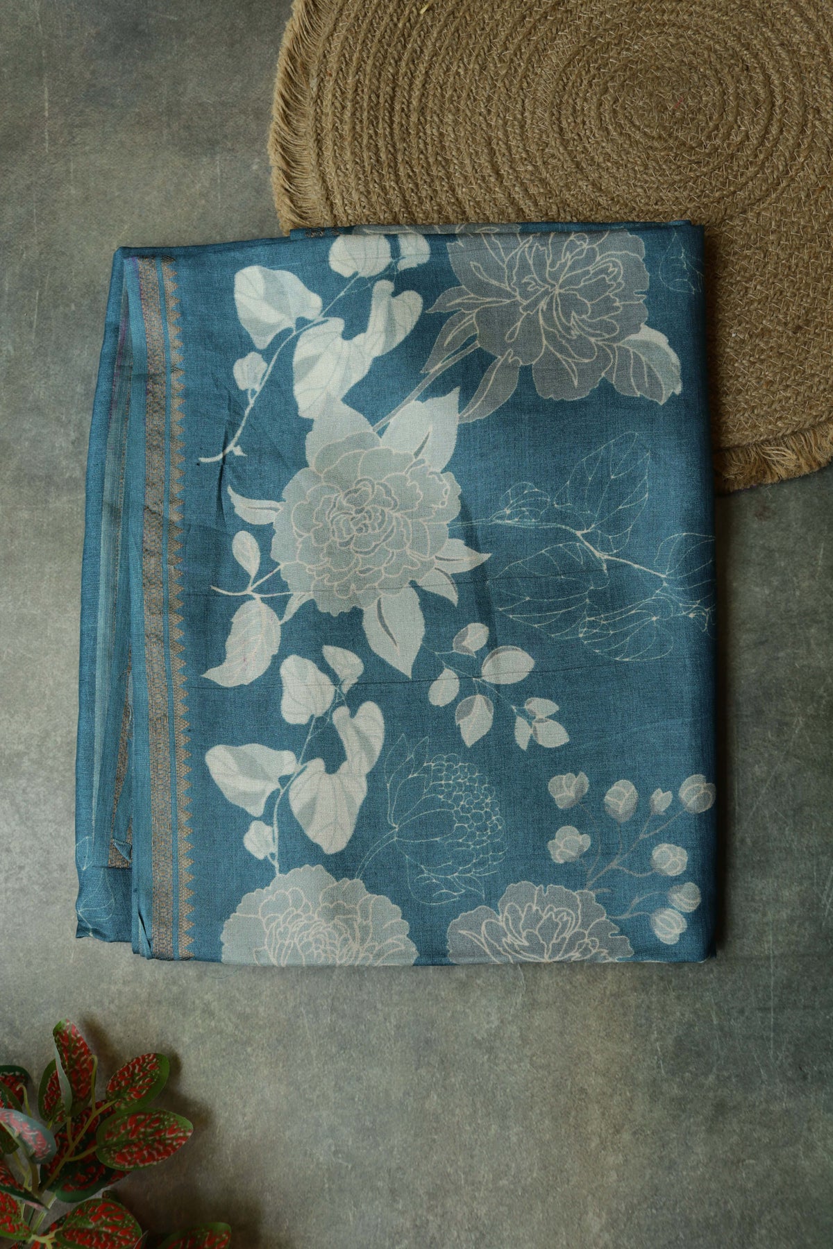 Teal Blue Tussar Silk Saree