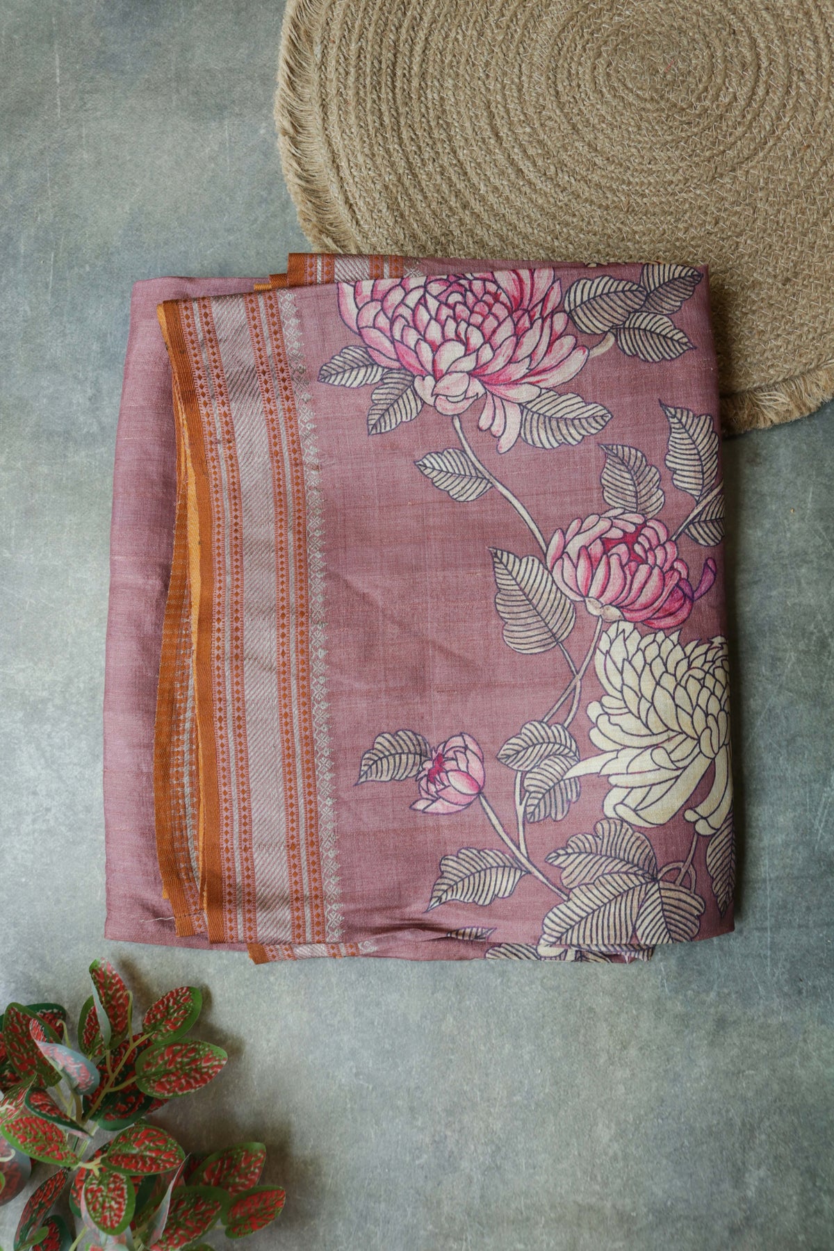 Dusty Rose Pink Tussar Silk Saree