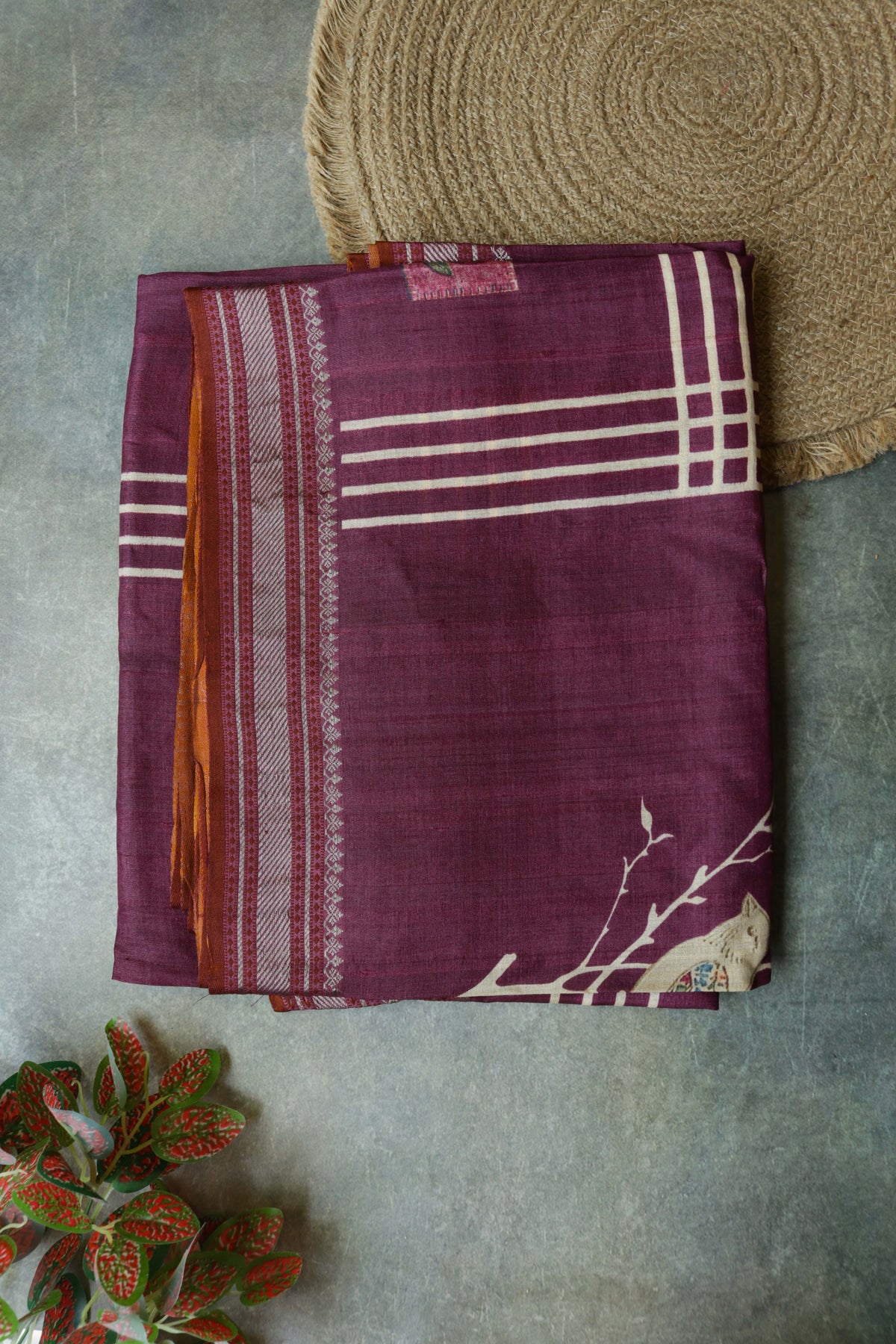 Wine Purple Tussar Silk Saree with Zari Border - Mokshaa