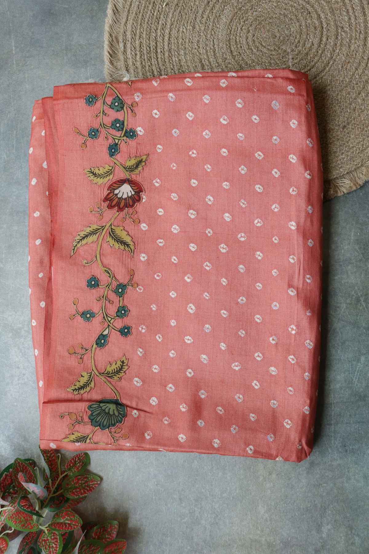 Coral Pink Tussar Silk Saree - Mokshaa