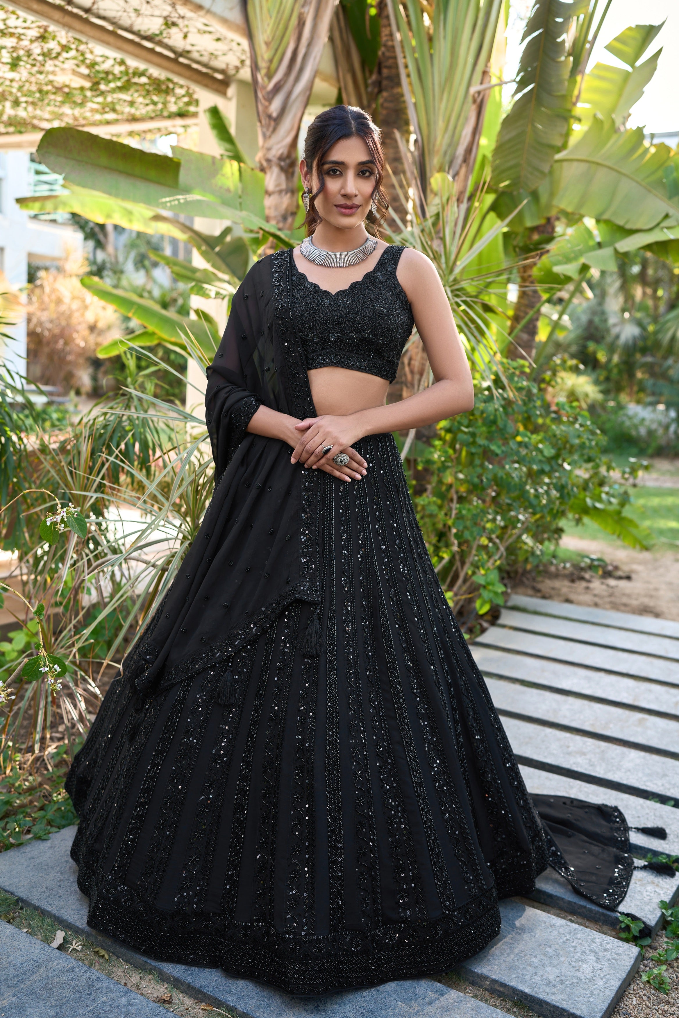 Black Georgette Lehenga with All-Over Tone-on-Tone Embroidery & Sequin Detailing