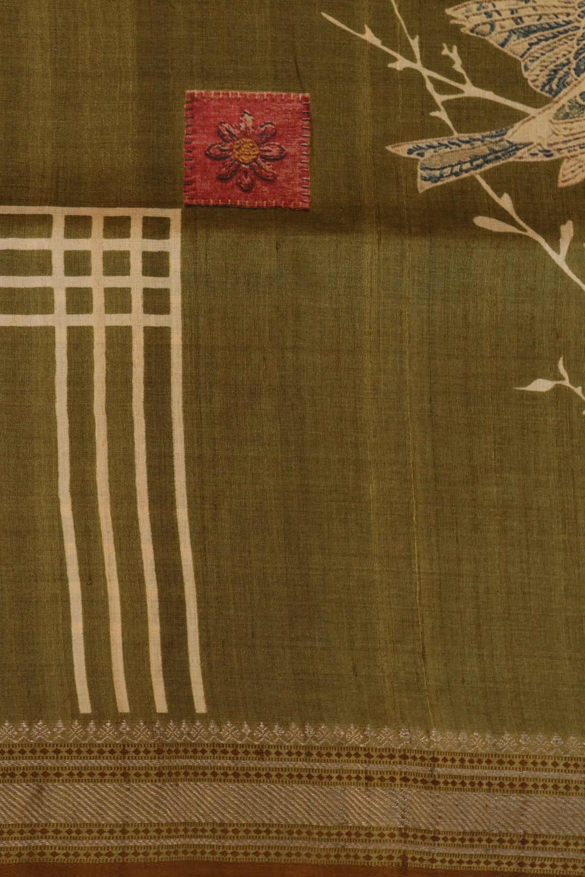 Olive Green Tussar Silk Saree with Zari Border