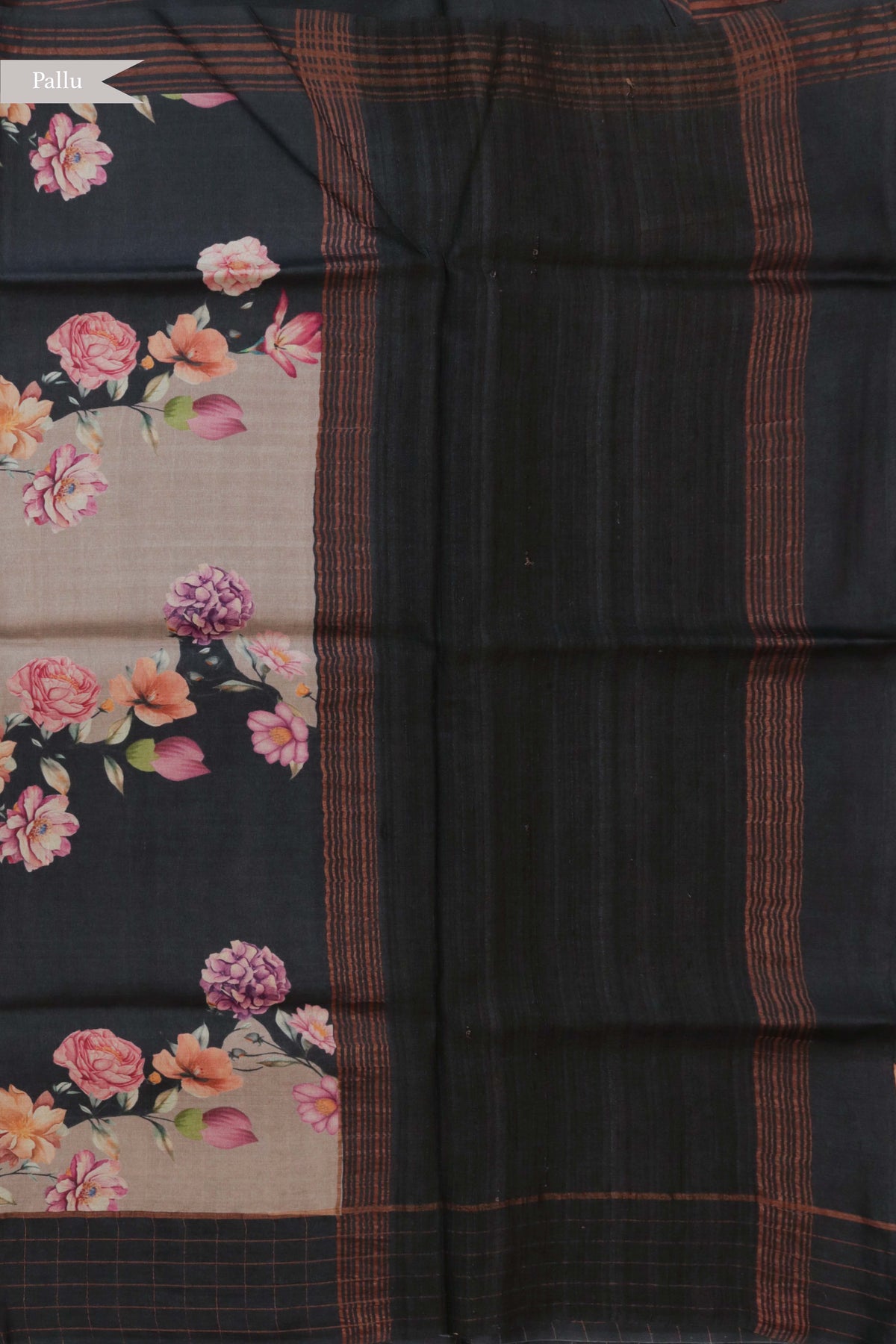 Charcoal Grey Tussar Silk Saree with Floral Print