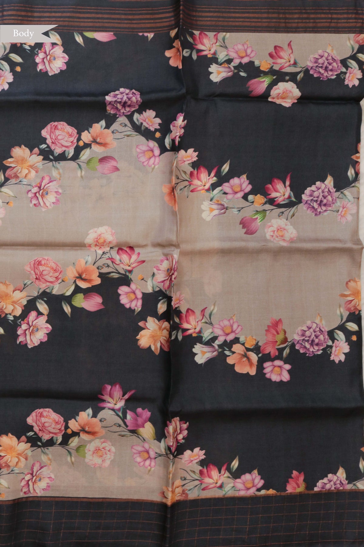 Charcoal Grey Tussar Silk Saree with Floral Print