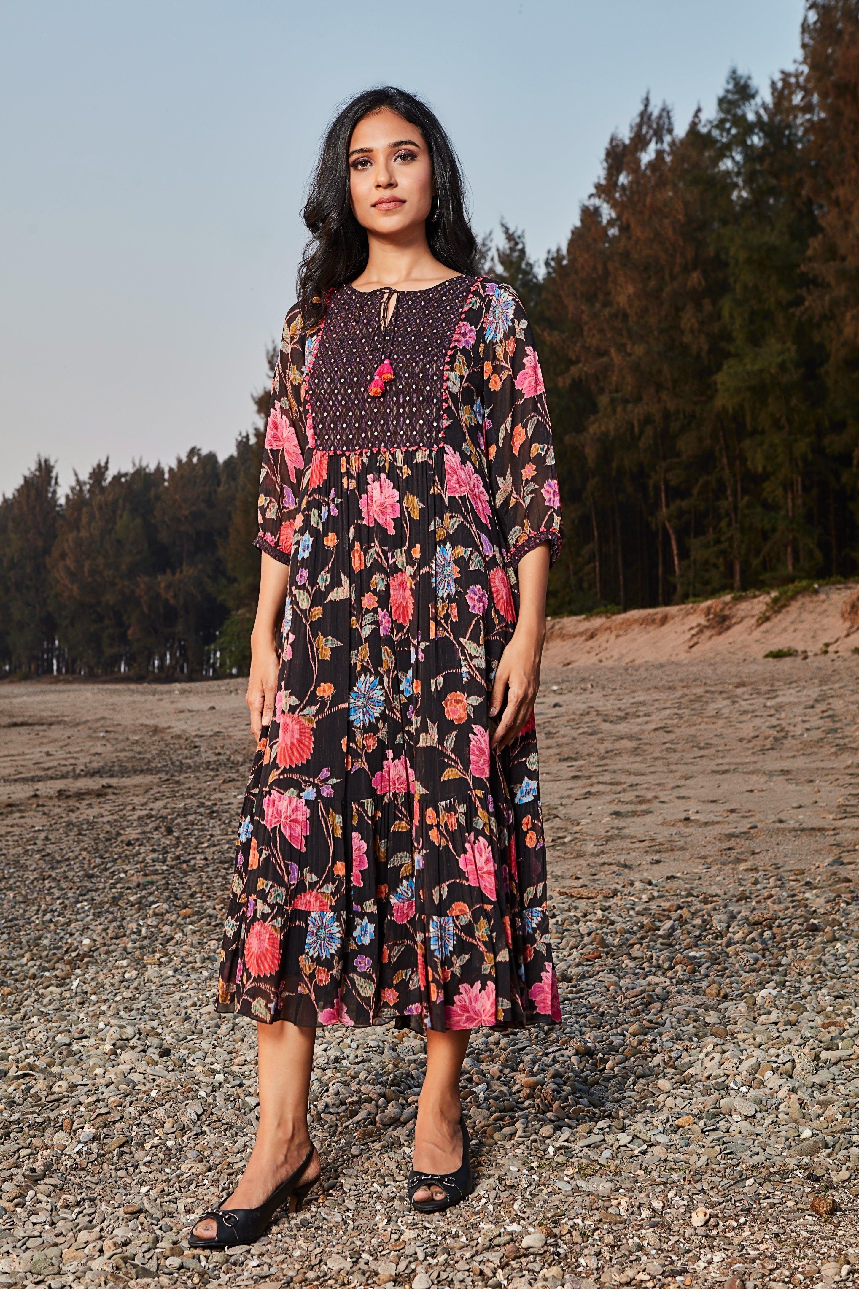 Black Floral Tiered Dress with Embroidered Yoke  Mokshaa
