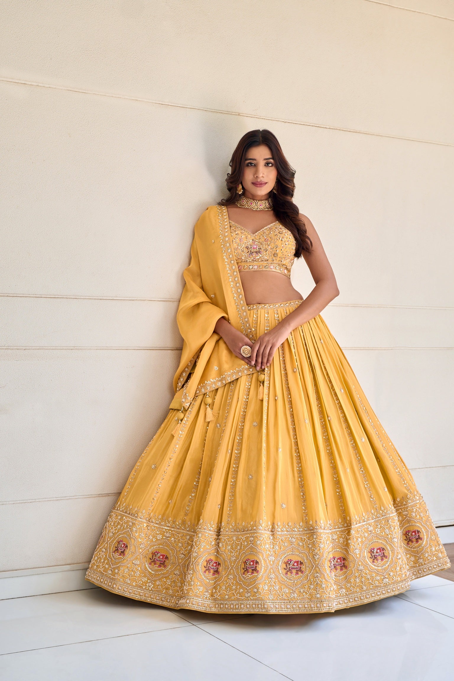 Mustard Yellow Tissue Embroidered Lehenga Set