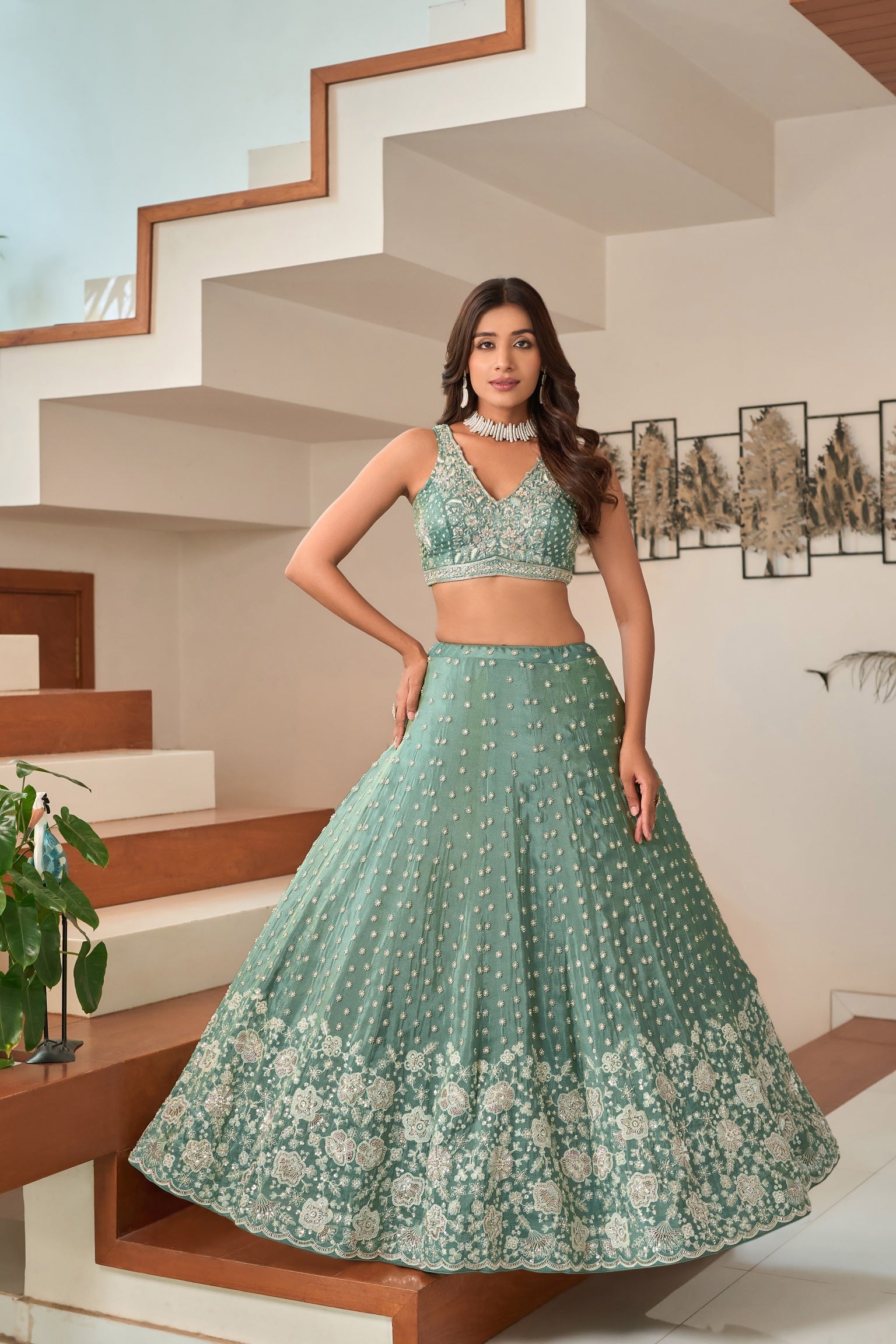 Sea Green Tissue Lehenga with Floral Embroidery & Sequin Accents