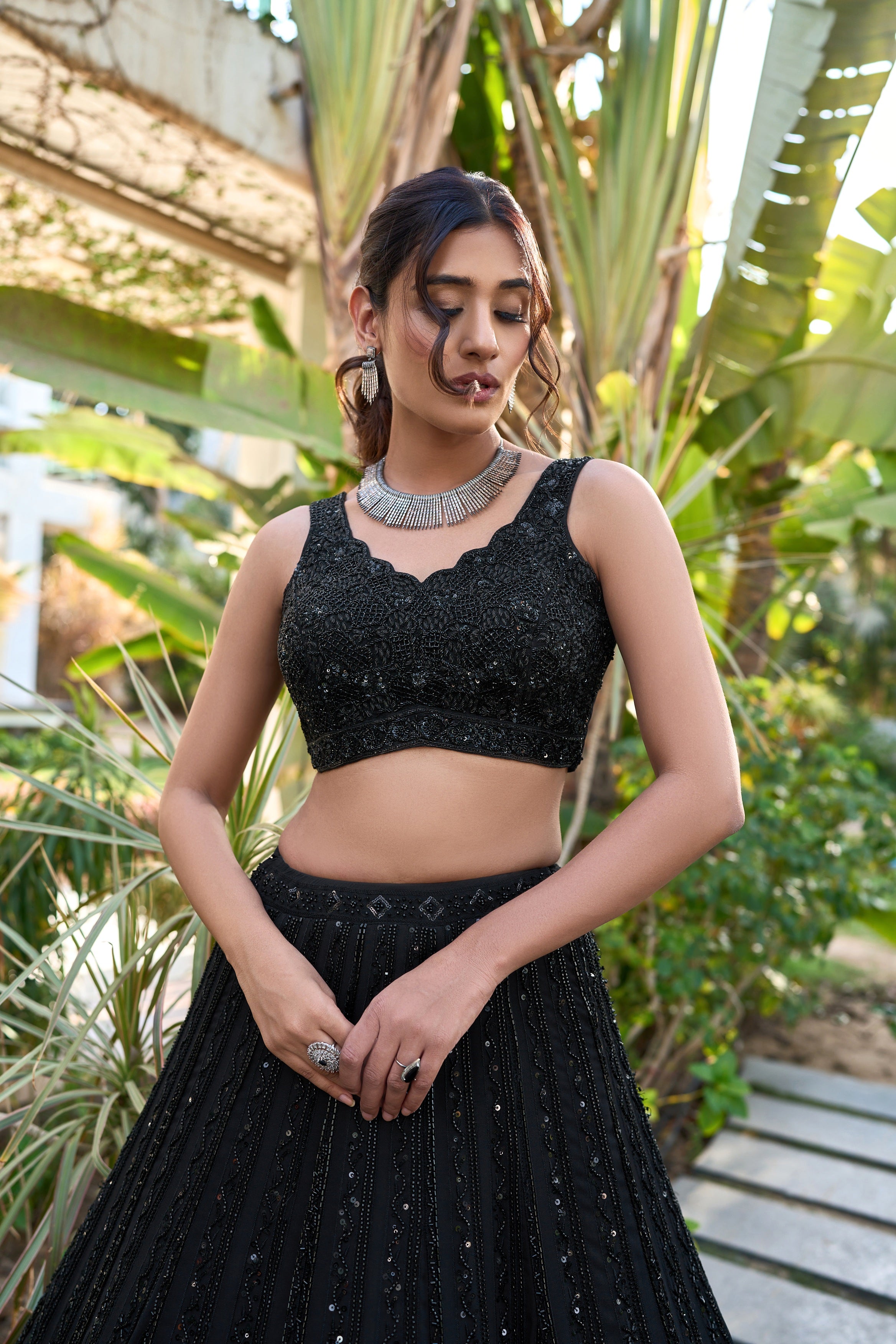 Black Georgette Lehenga with All-Over Tone-on-Tone Embroidery & Sequin Detailing