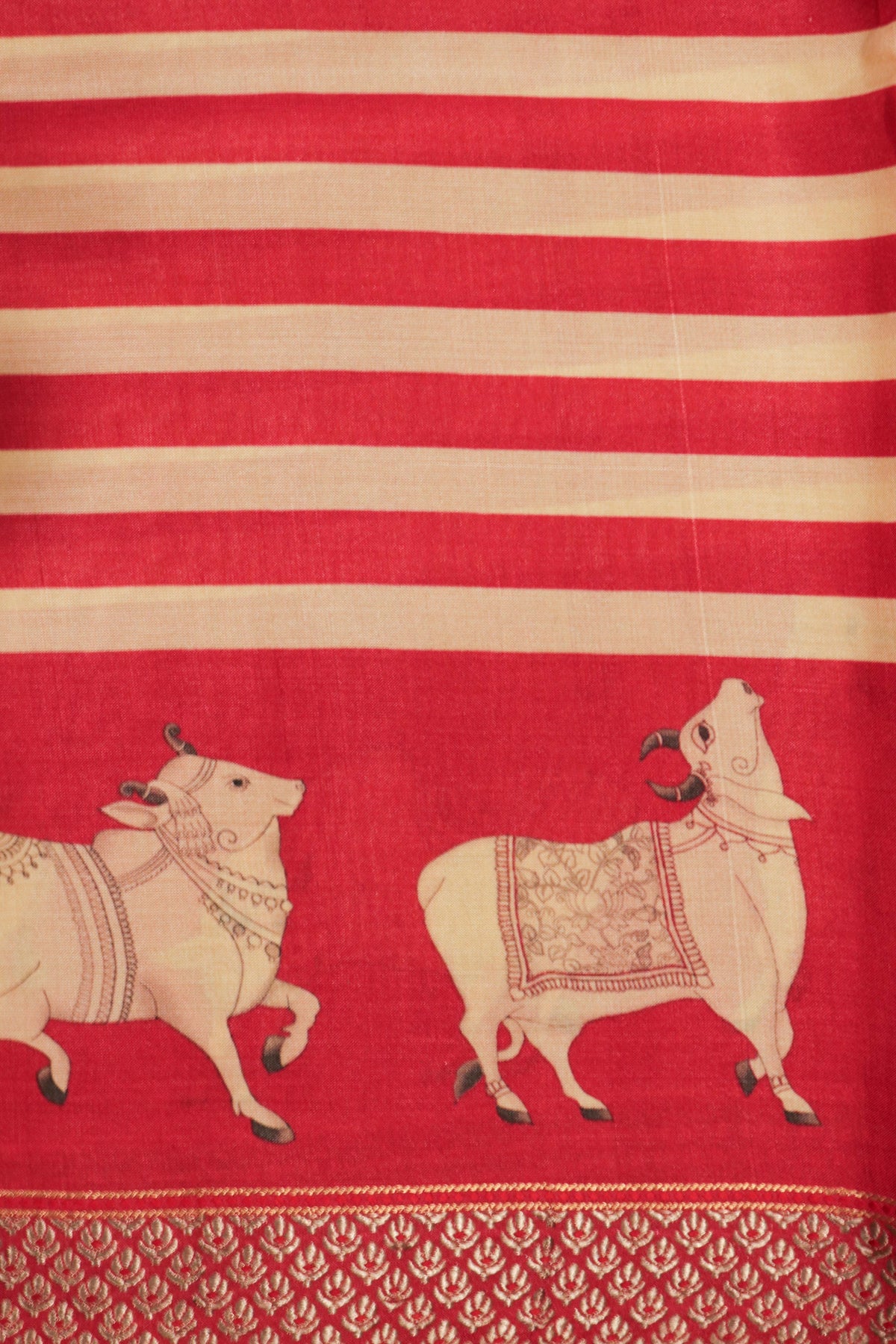 Red Tussar Silk Pichwai Print Saree - Mokshaa