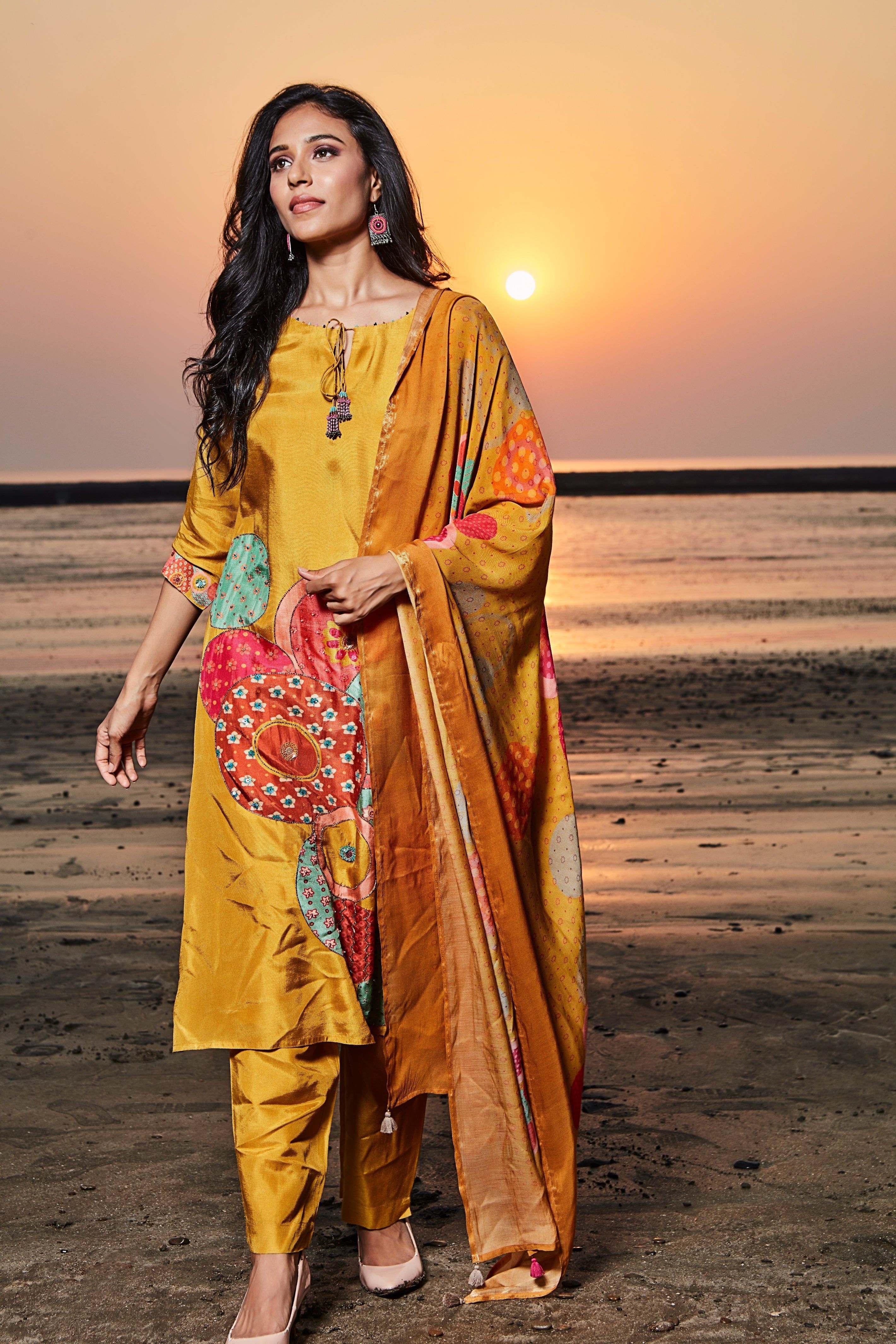 Mustard Yellow Kurta Set with multicolour applique and printed details Mokshaa