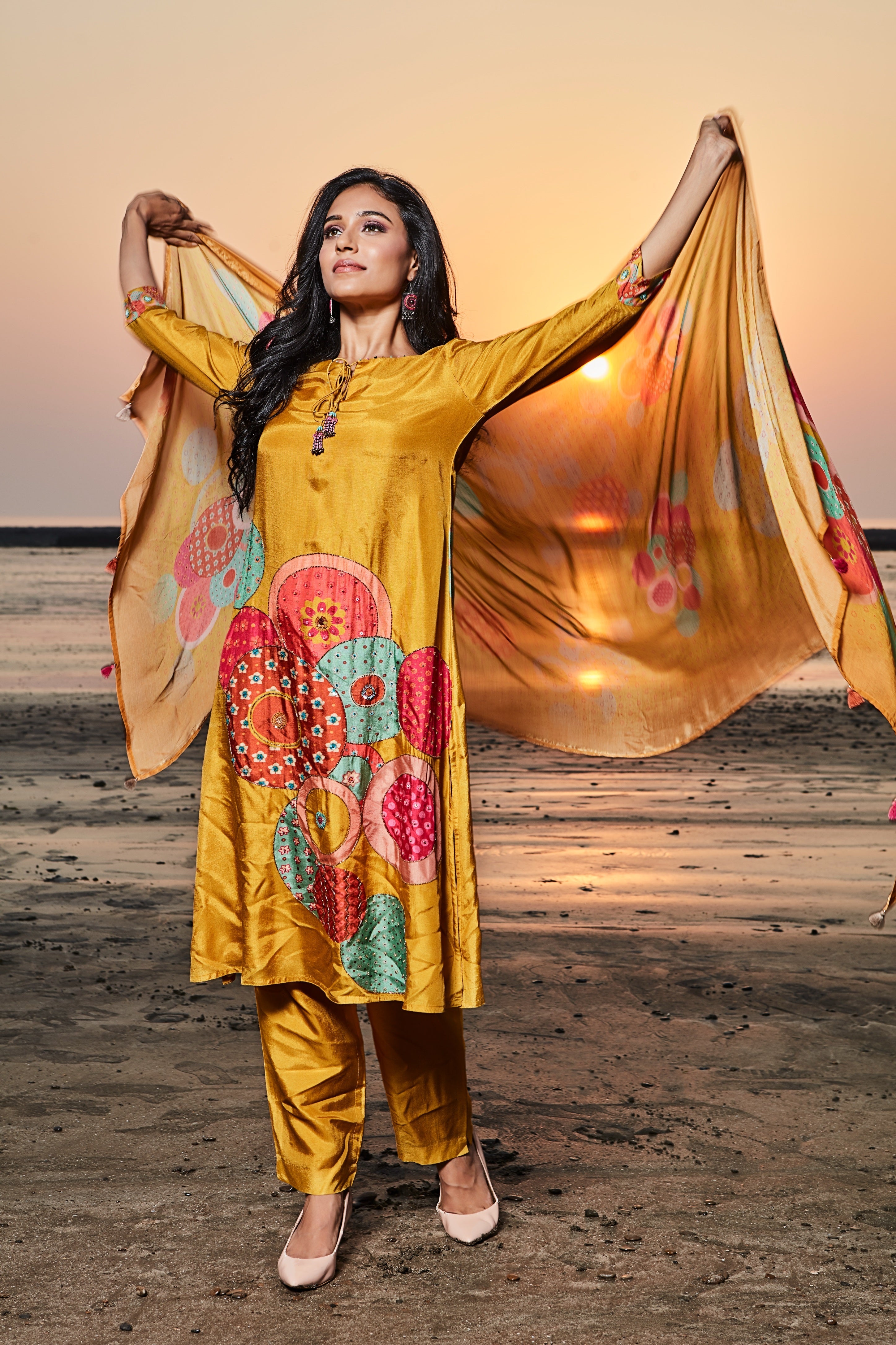 Mustard Yellow Kurta Set with multicolour applique and printed details Mokshaa