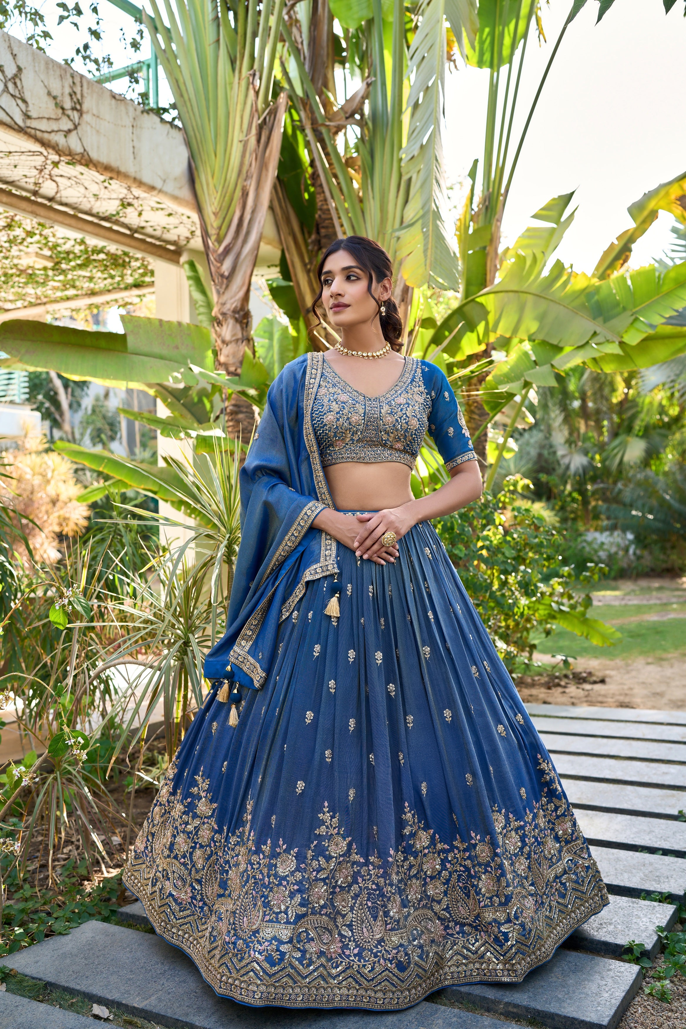 Navy Tissue Lehenga with Resham & Zardosi Embroidery