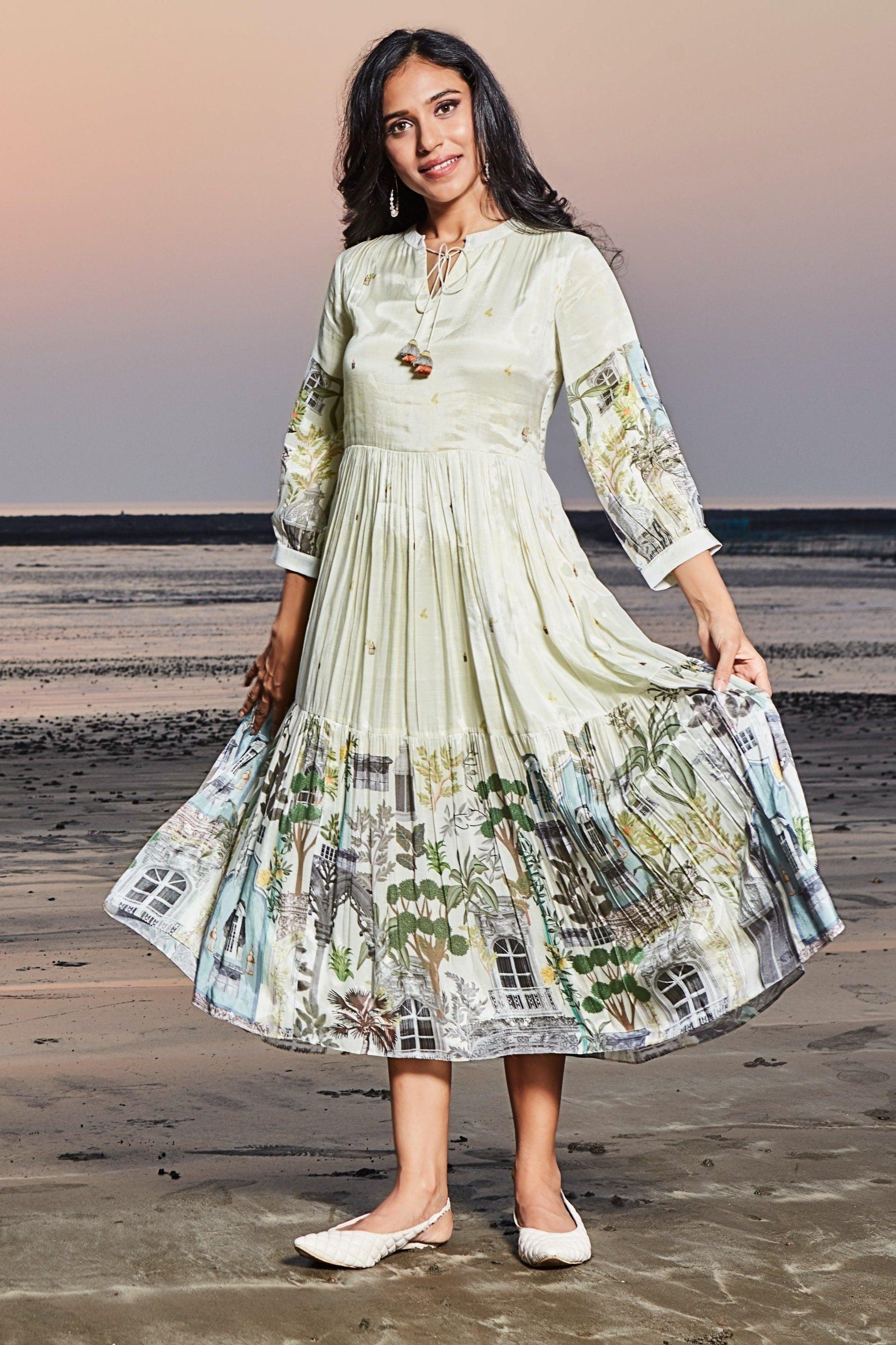 Ivory Printed Cotton Dress with Cityscape Motifs Mokshaa