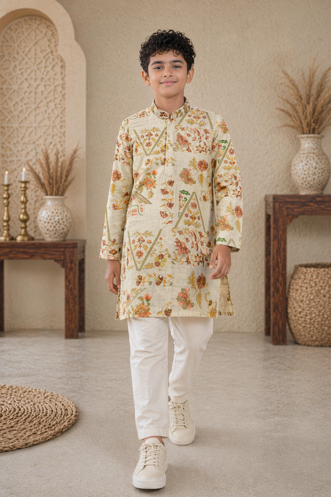 Light Green Floral Printed Kurta & Pyjama Set for Boys