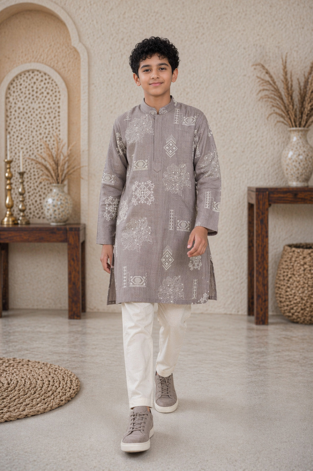 Grey Geometric & Floral Block Print Kurta & Pyjama Set for Boys