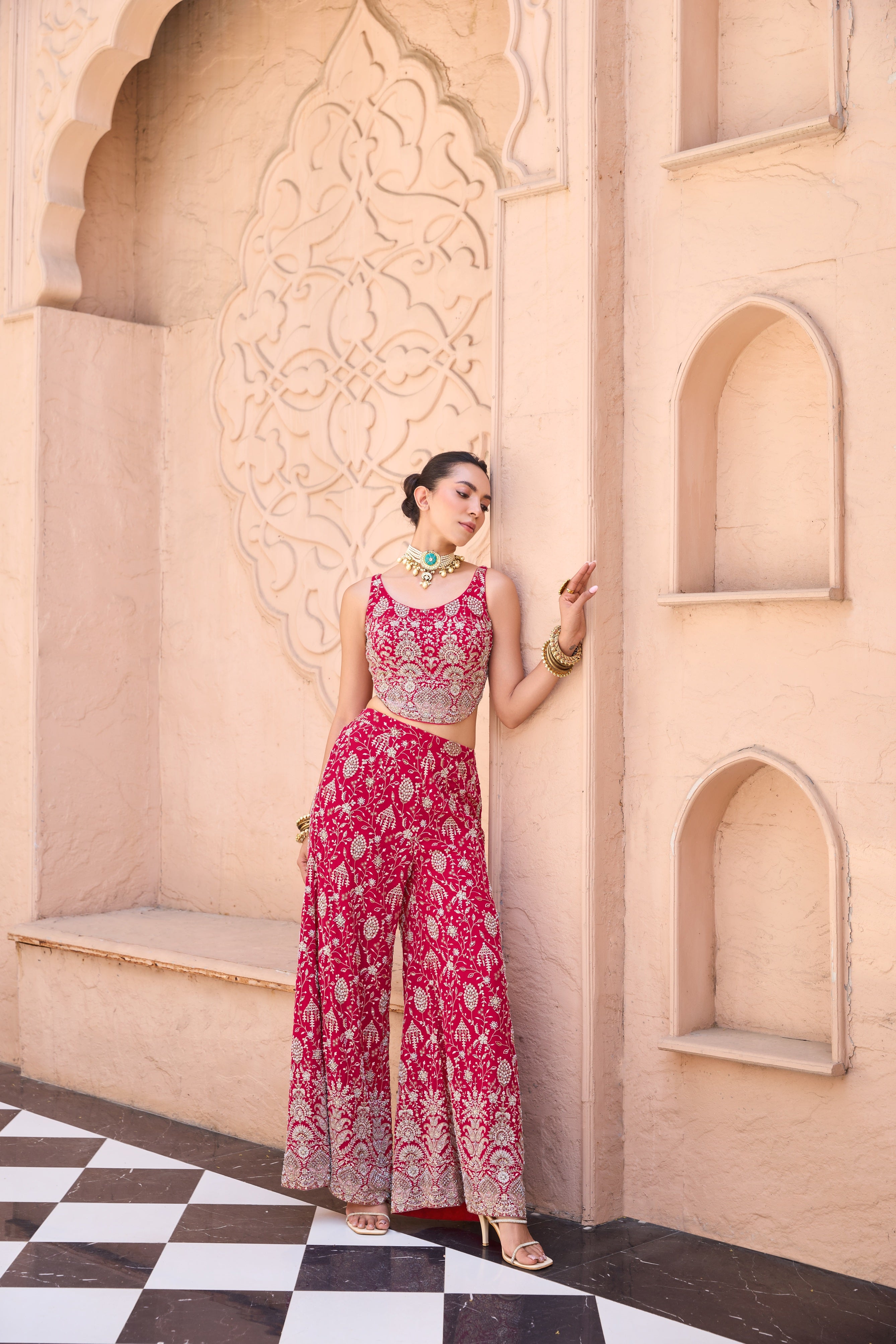 Crimson Georgette Sharara Set