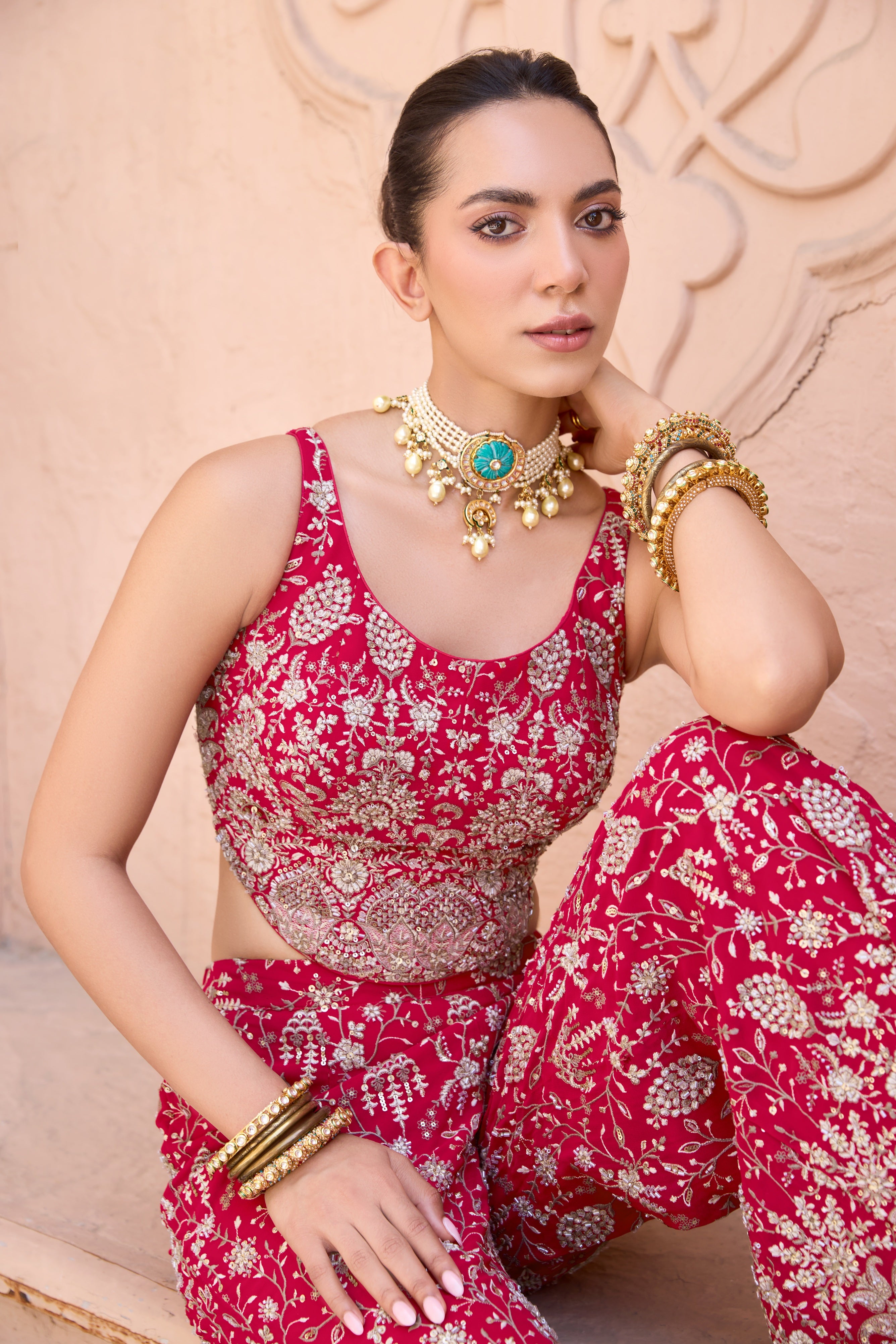 Crimson Georgette Sharara Set