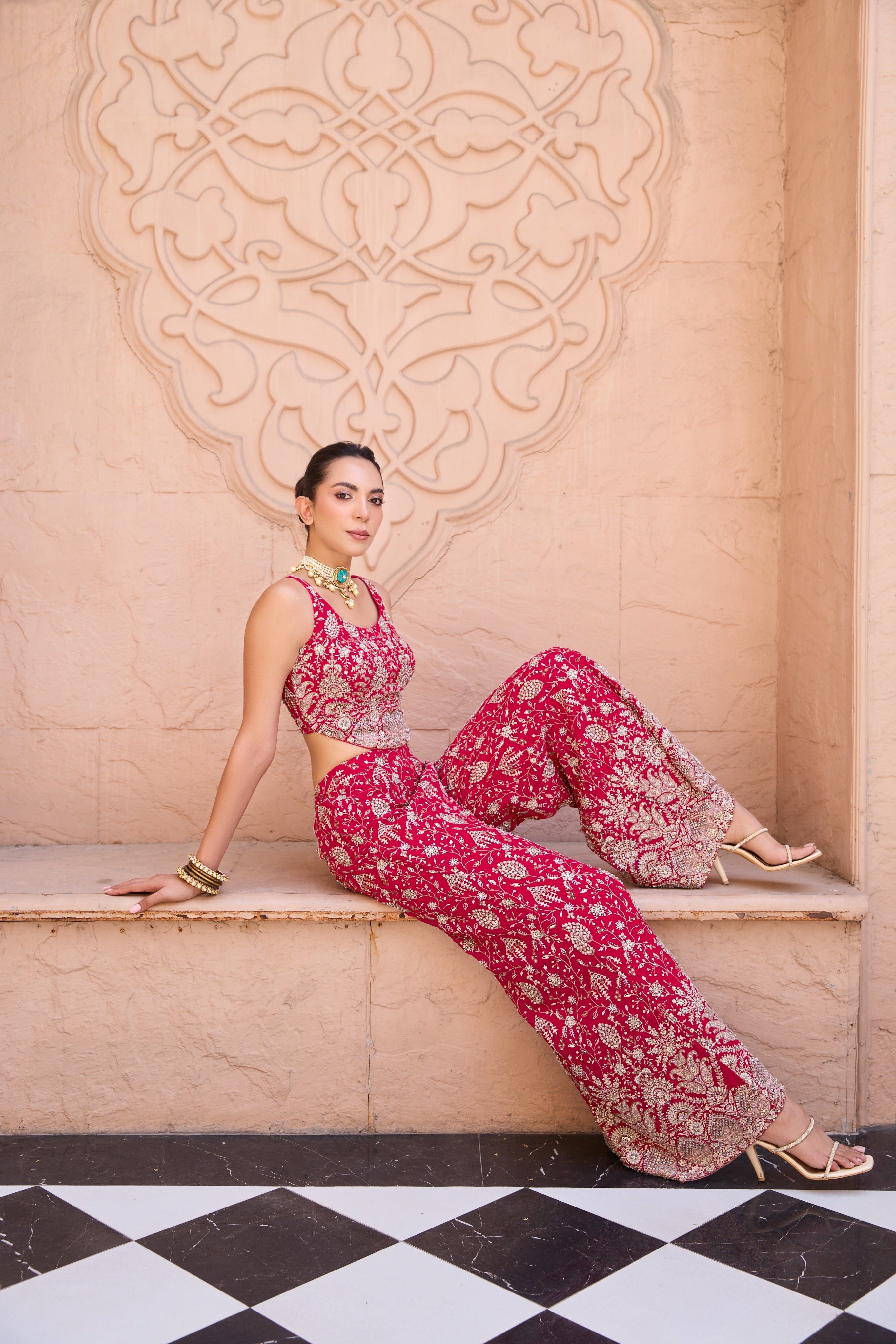 Crimson Georgette Sharara Set