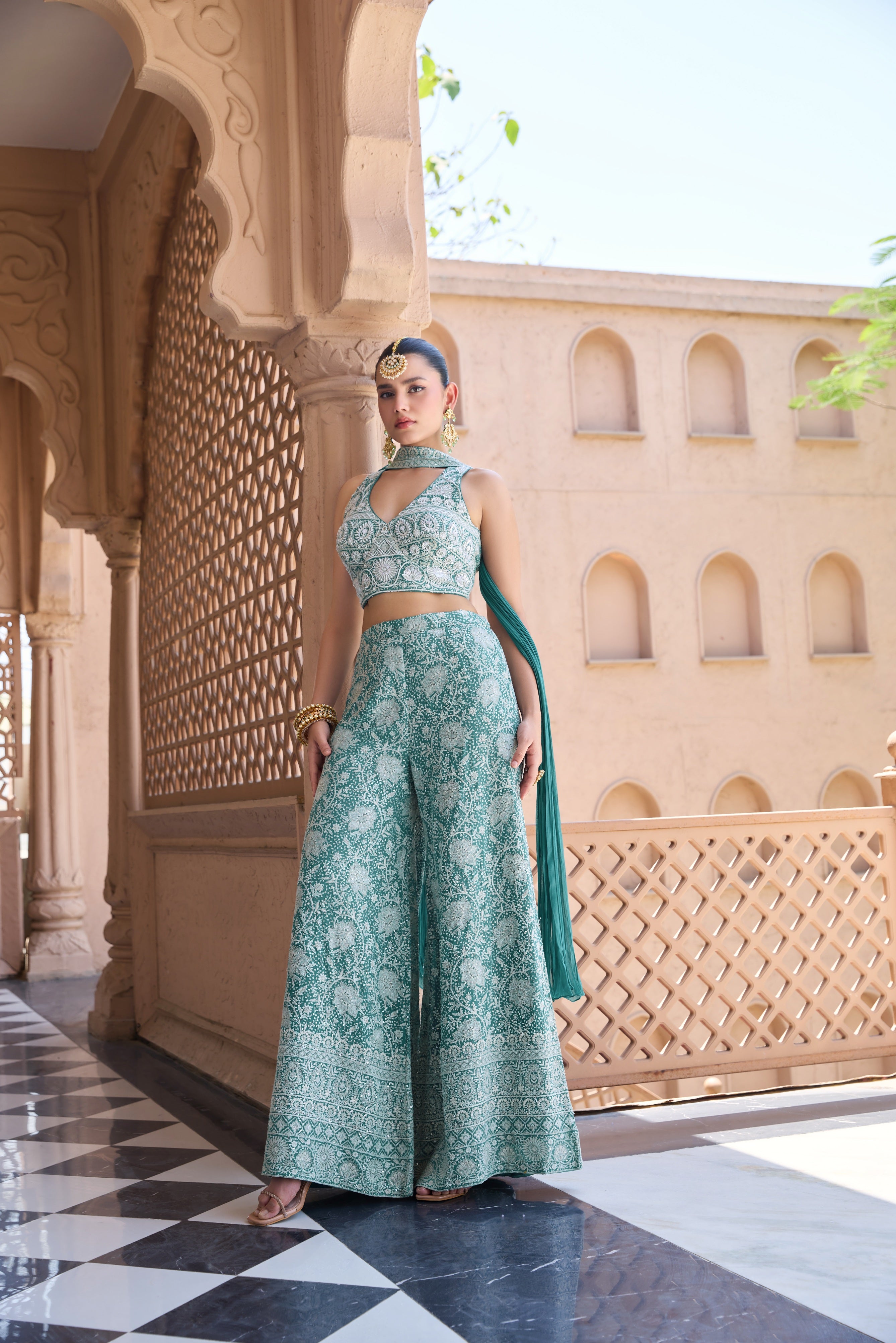 Teal Green Embroidered Palazzo Set