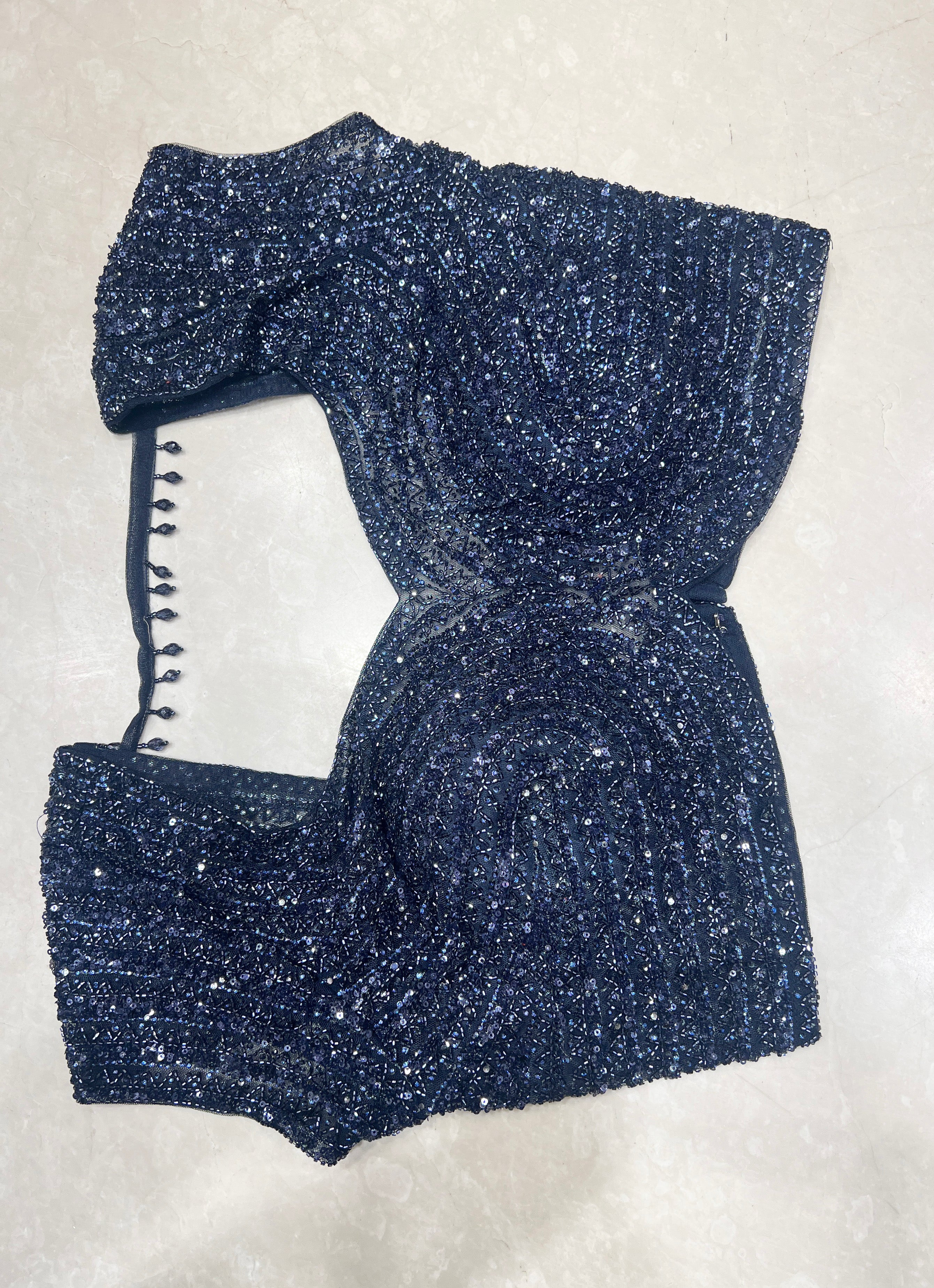 Indigo Blue Satin Saree with Floral Aari Embroidery and Ready Blouse