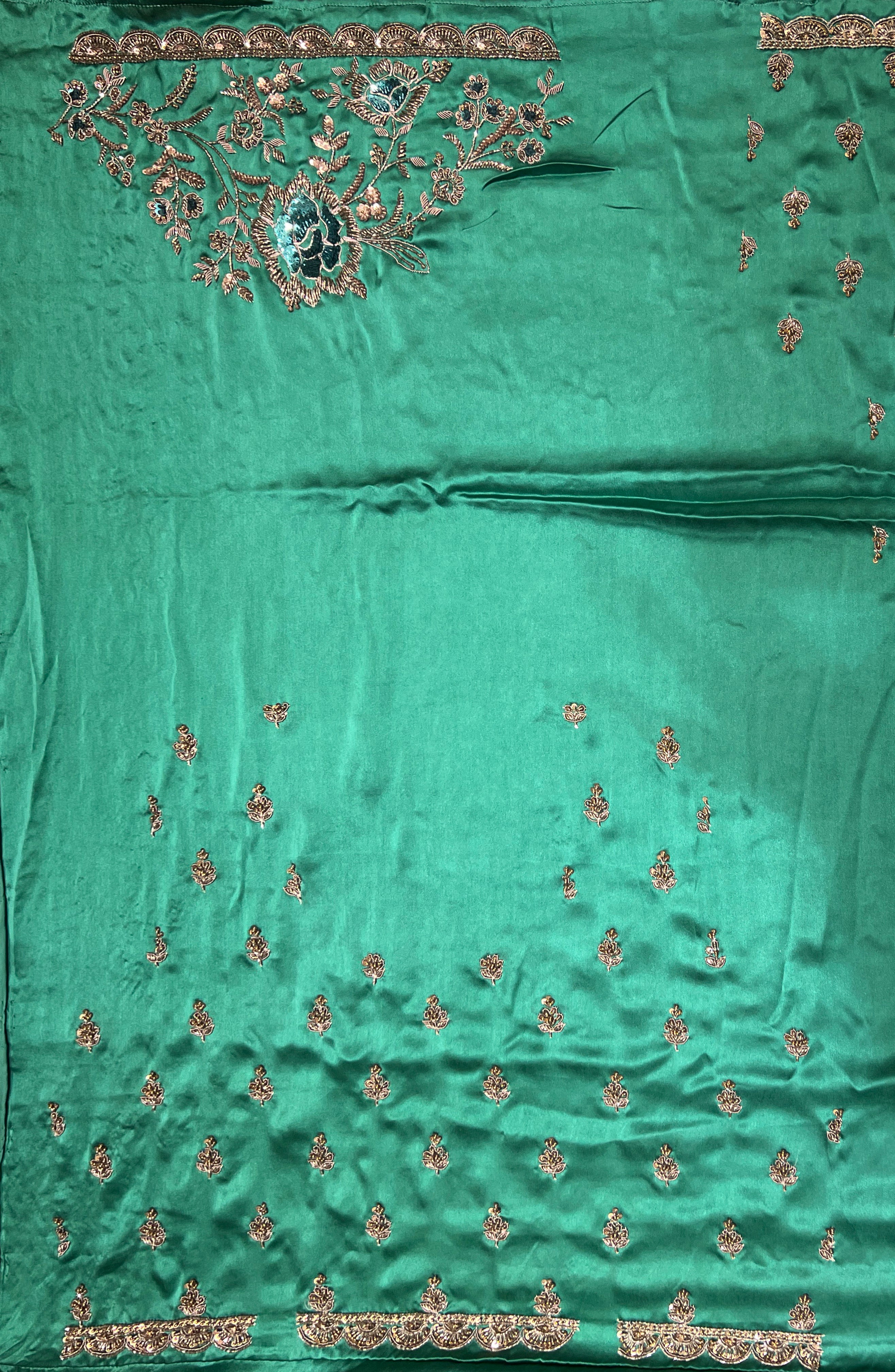 Green Satin Saree with Zardosi & Cutdana Embroidery - Mokshaa
