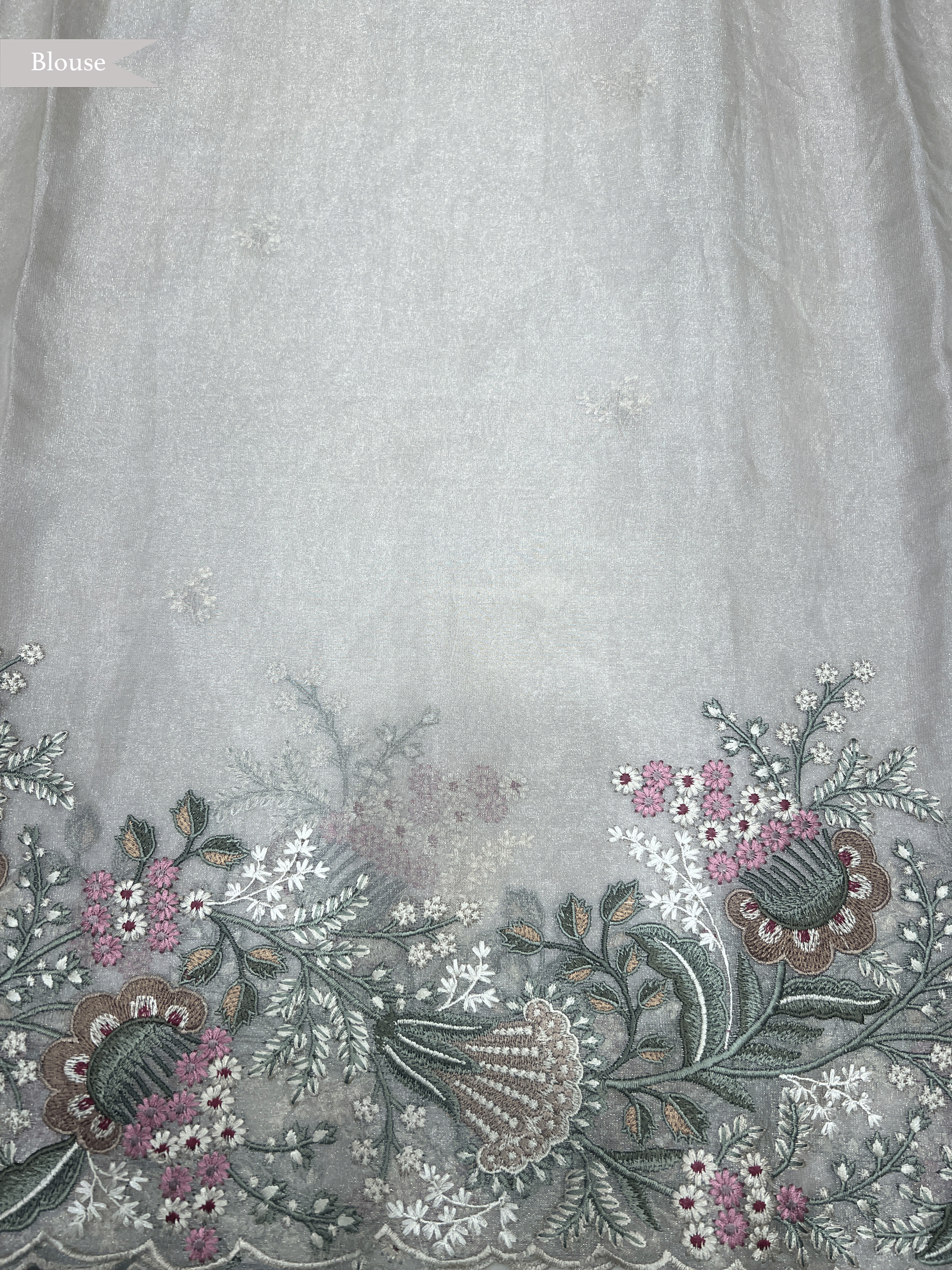 Off White Tissue Organza Saree with Floral Embroidery Border and Butta Work