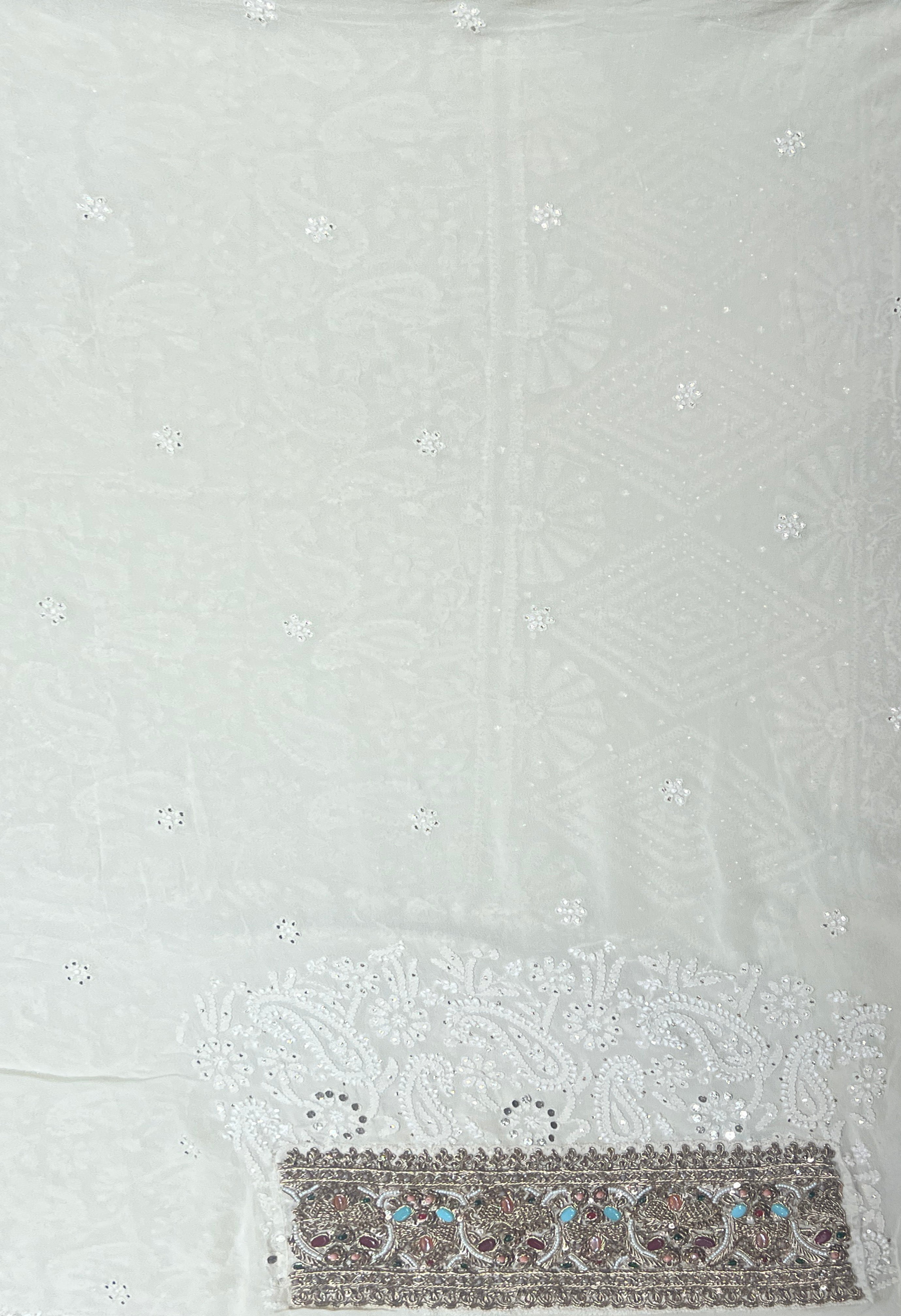 Cream Georgette Saree with Lucknowi Chikankari & Zardozi Border - Mokshaa