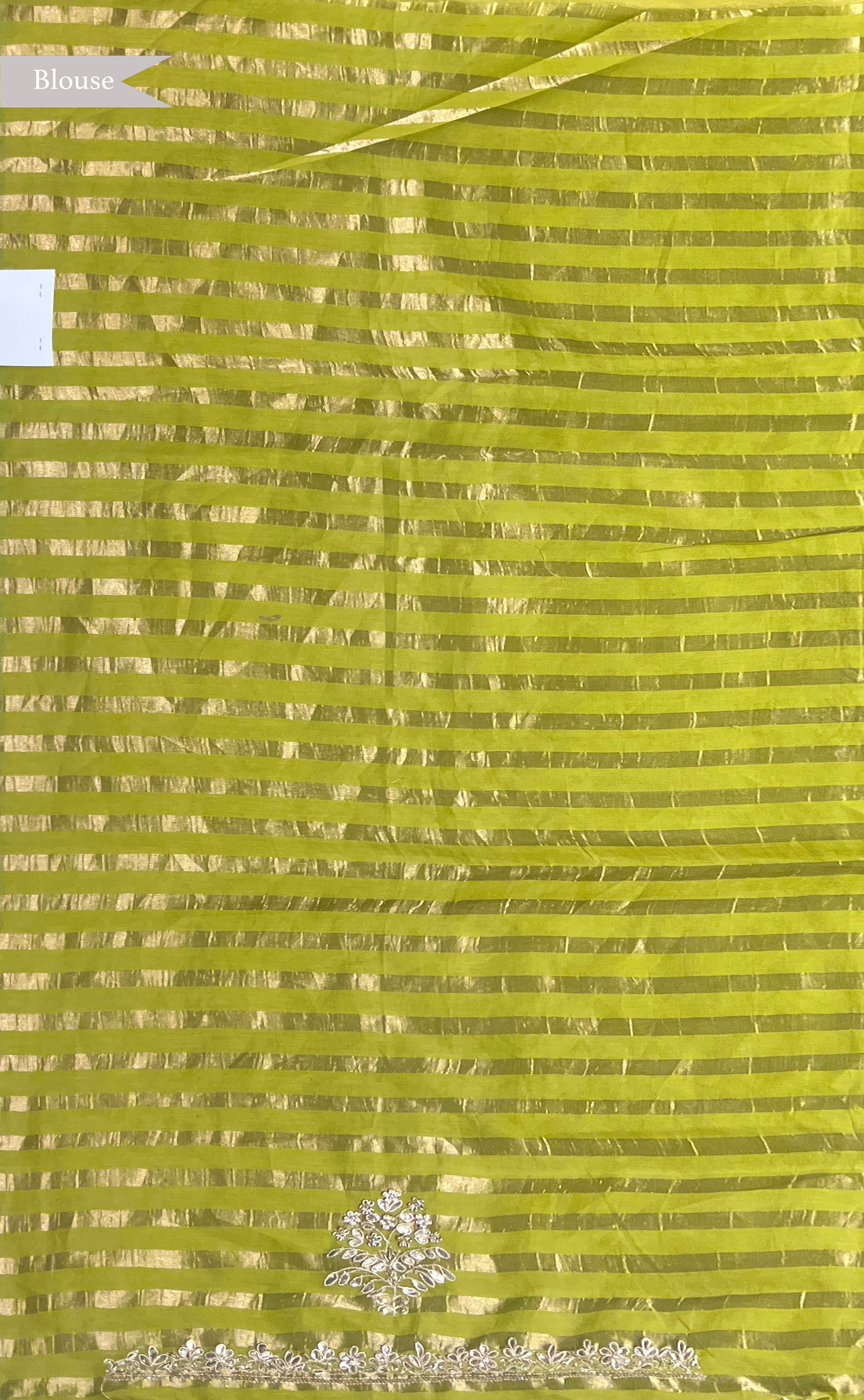 Greenish Yellow Organza Saree with Zari Highlight Applique Embroidery