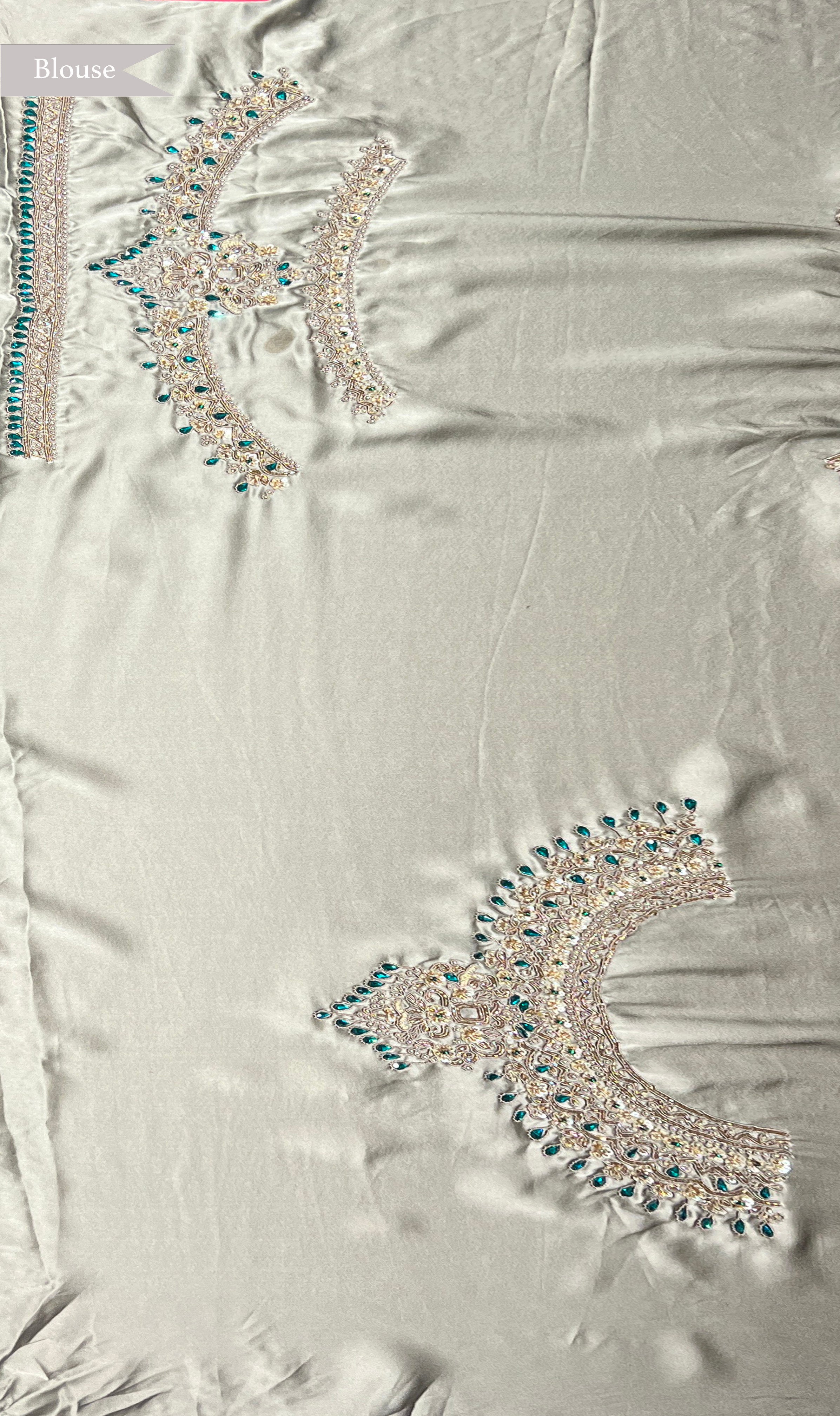 Emerald Green Satin Saree with Kardhana and Zardosi Work Heavy Border