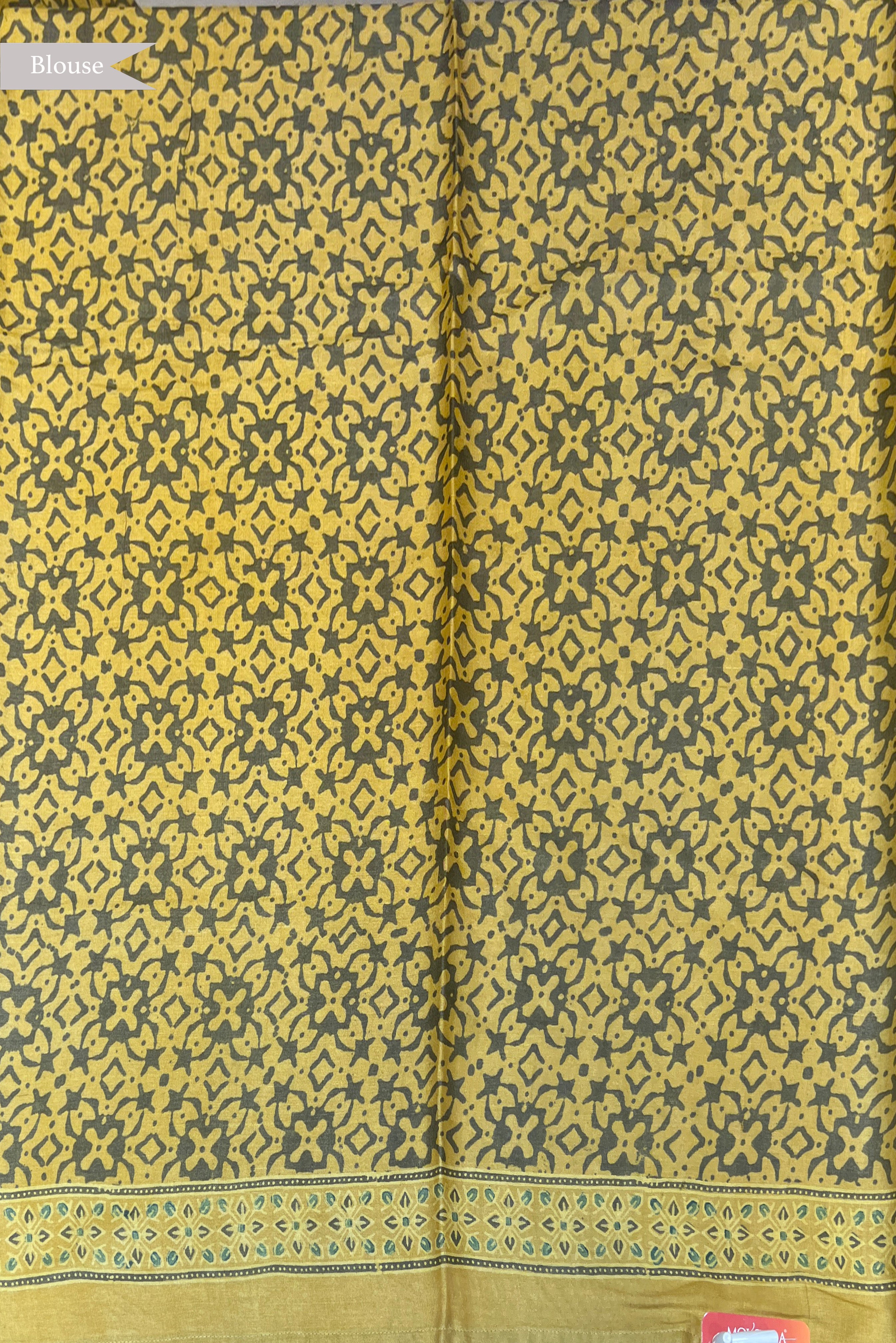Mustard Tussar Silk Saree with Ajrakh Print & Cow Motif Border