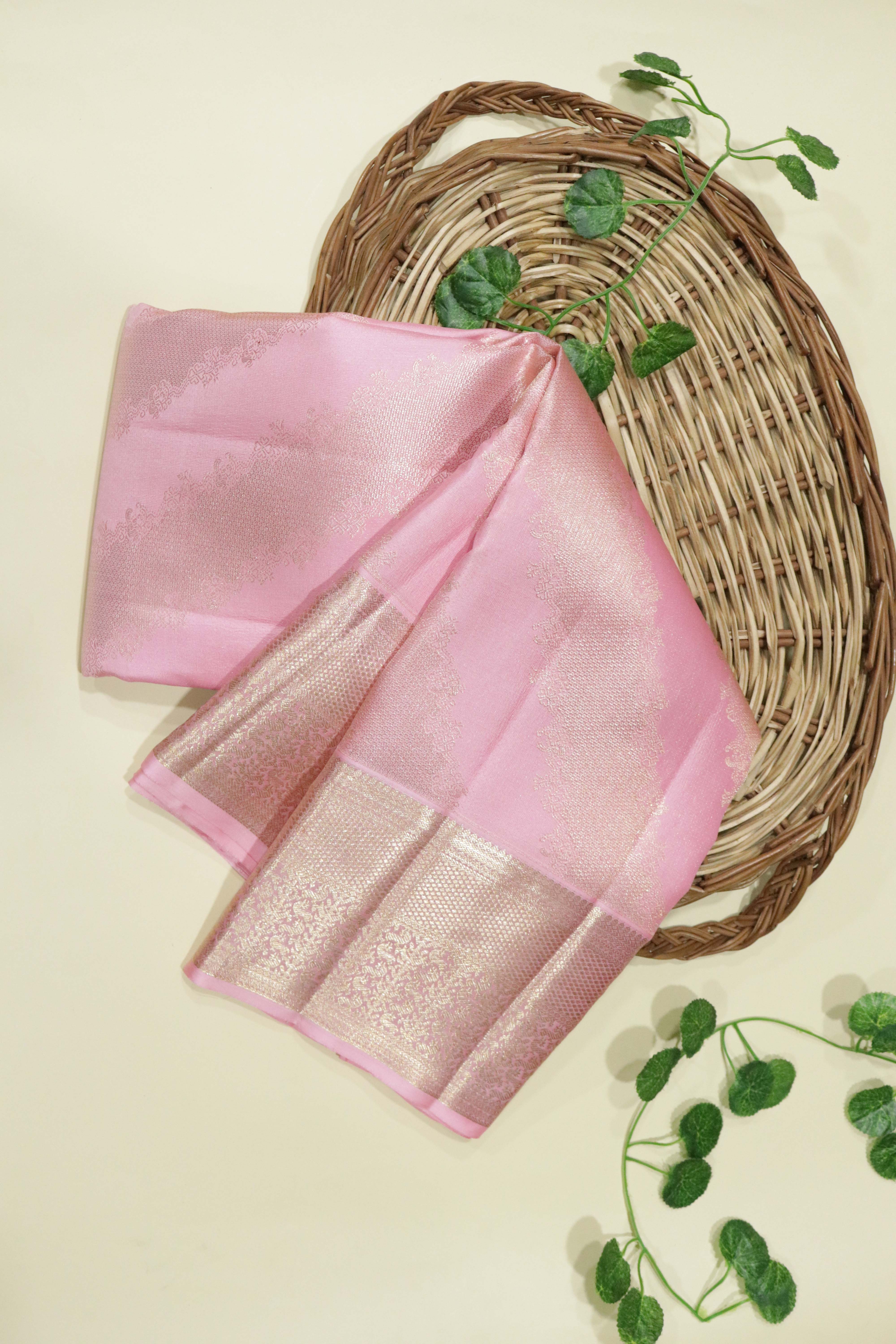 Baby Pink Kanchipuram Silk Saree with Leheriya Zari Weaving - Mokshaa