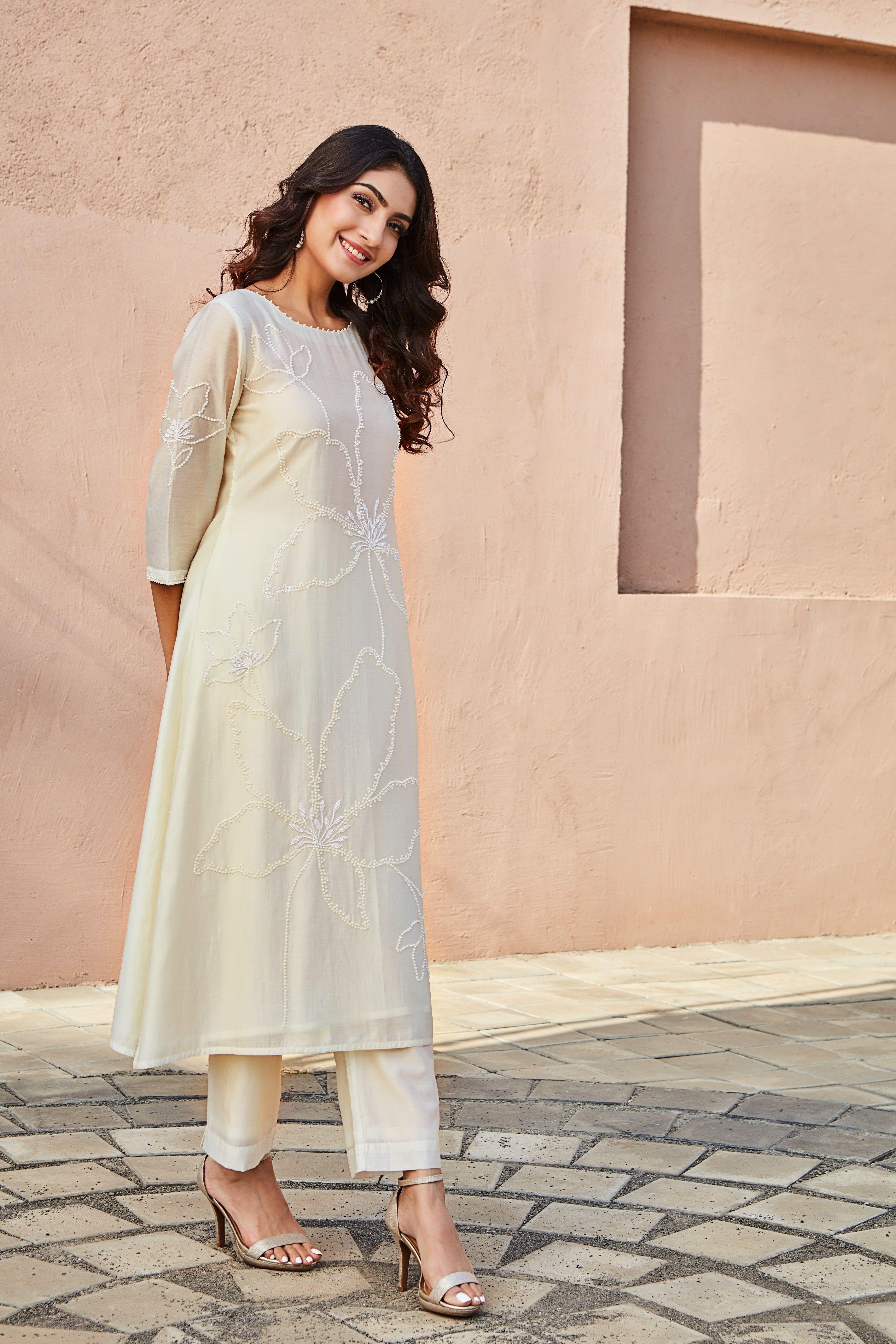 Ivory Pearl Embroidered Kurta Set Mokshaa