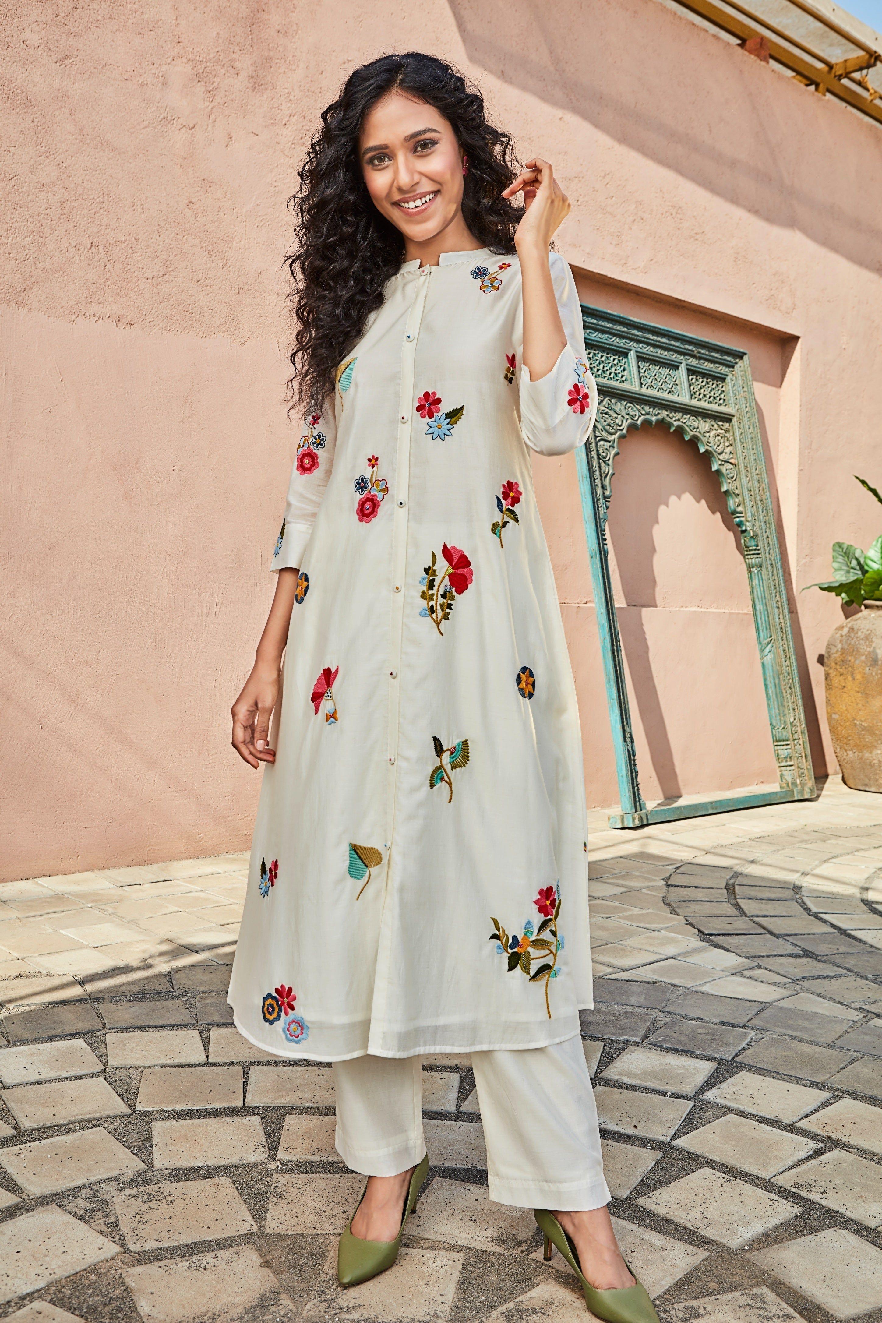 Ivory Embroidered Kurta Set with Button Detailing  Mokshaa