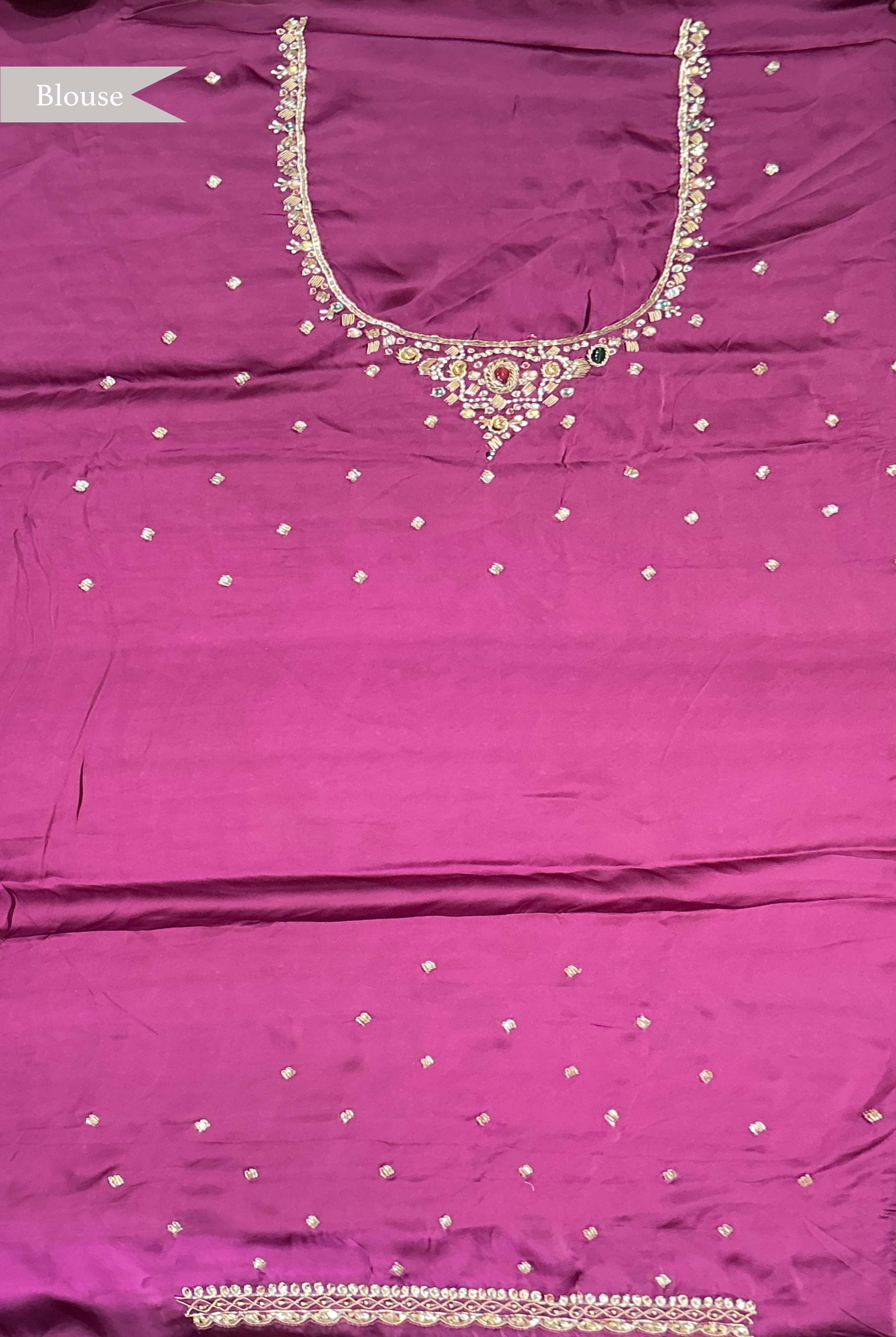 Wine Satin Zardozi Butta Saree