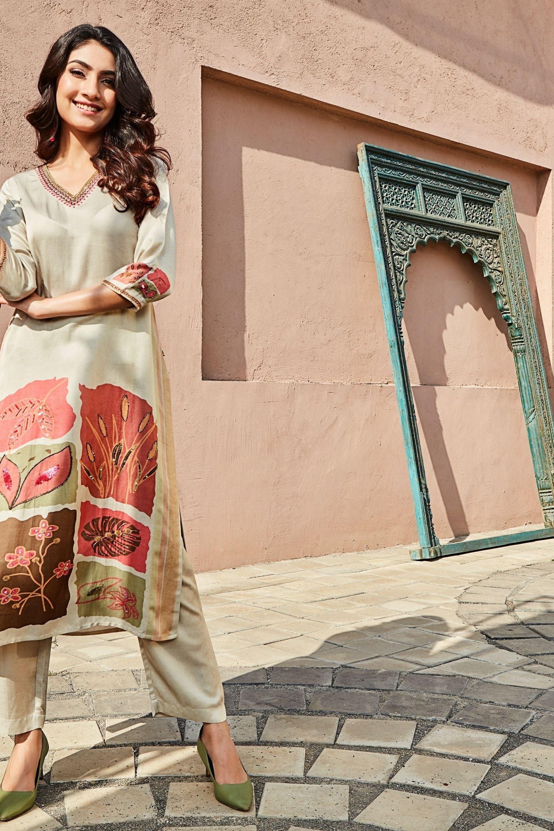Beige Printed Kurta Set  Mokshaa