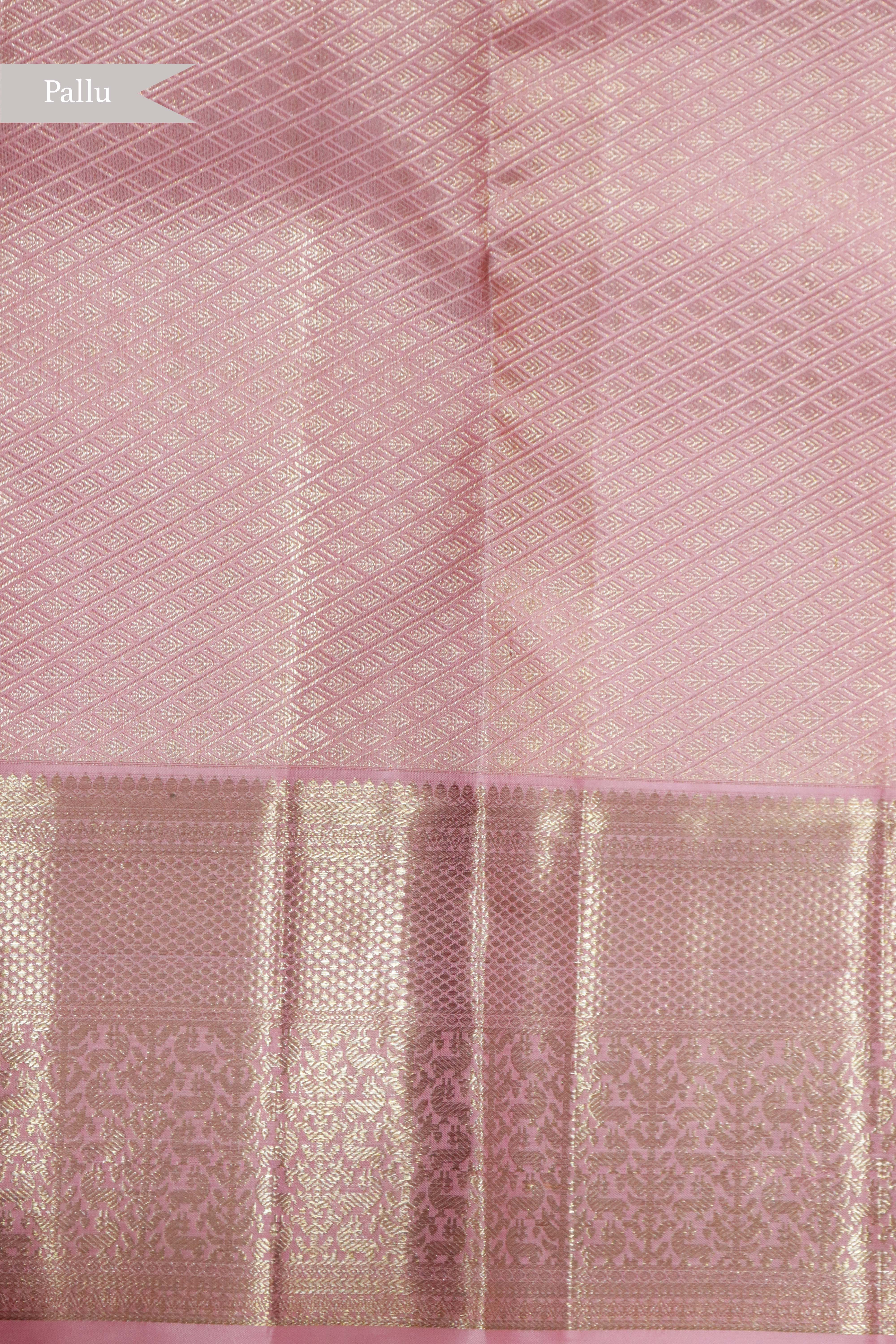 Baby Pink Kanchipuram Silk Saree with Leheriya Zari Weaving - Mokshaa