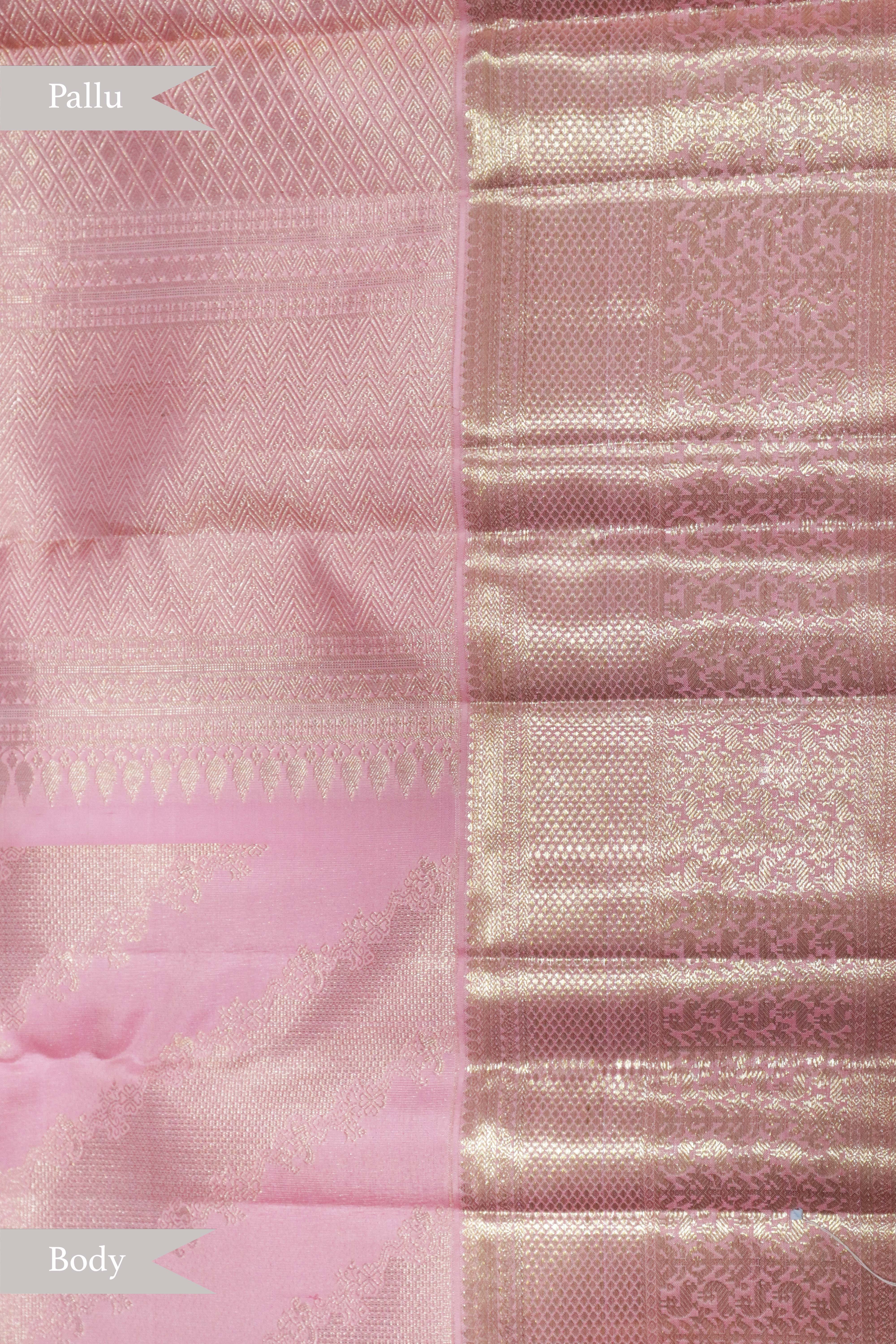 Baby Pink Kanchipuram Silk Saree with Leheriya Zari Weaving - Mokshaa
